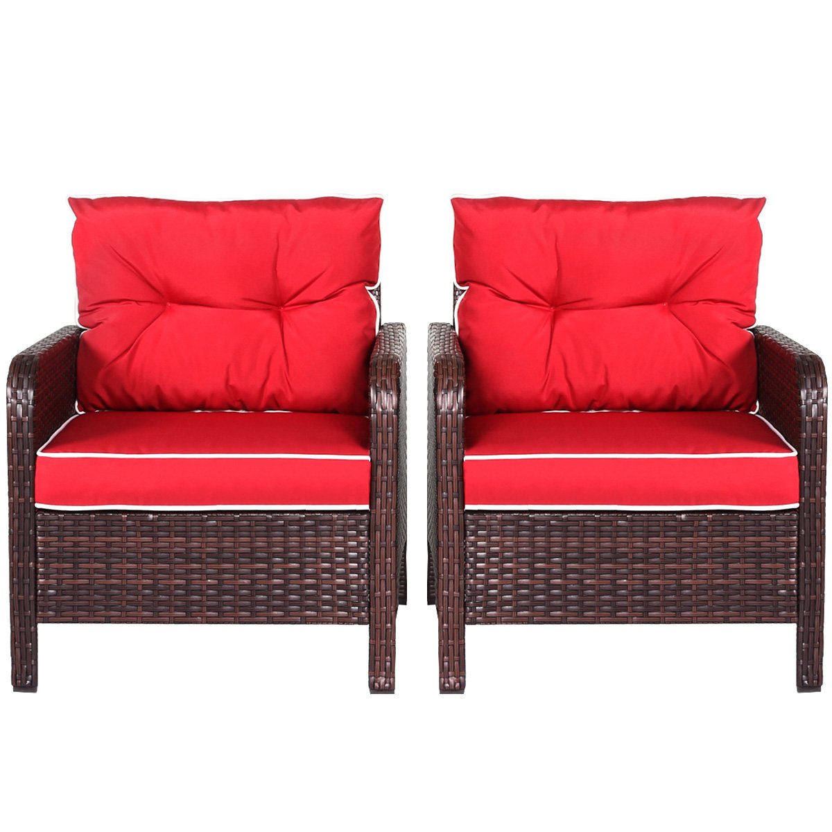 Tangkula Set of 2 Patio Rattan Sofa Chairs with Red Cushions - Outdoor Garden Deck Backyard Furniture for Relaxing, Lounging & Entertaining Guests