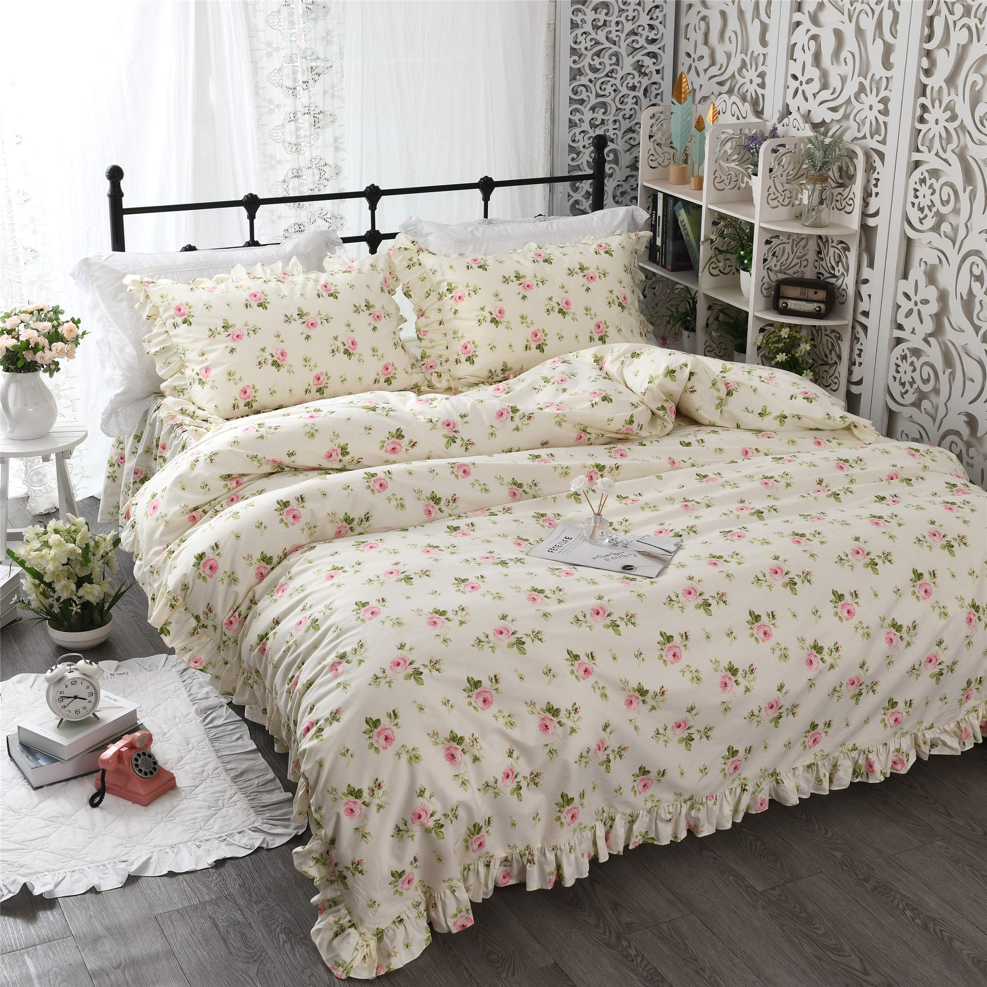 ABREEZE Ruffle Duvet Cover Set Twin Size - Shabby Chic Floral Bedding 3 Piece Set in Beige & Rose | French Country Farmhouse Style for Girls' Room & Guest Bedroom Decor