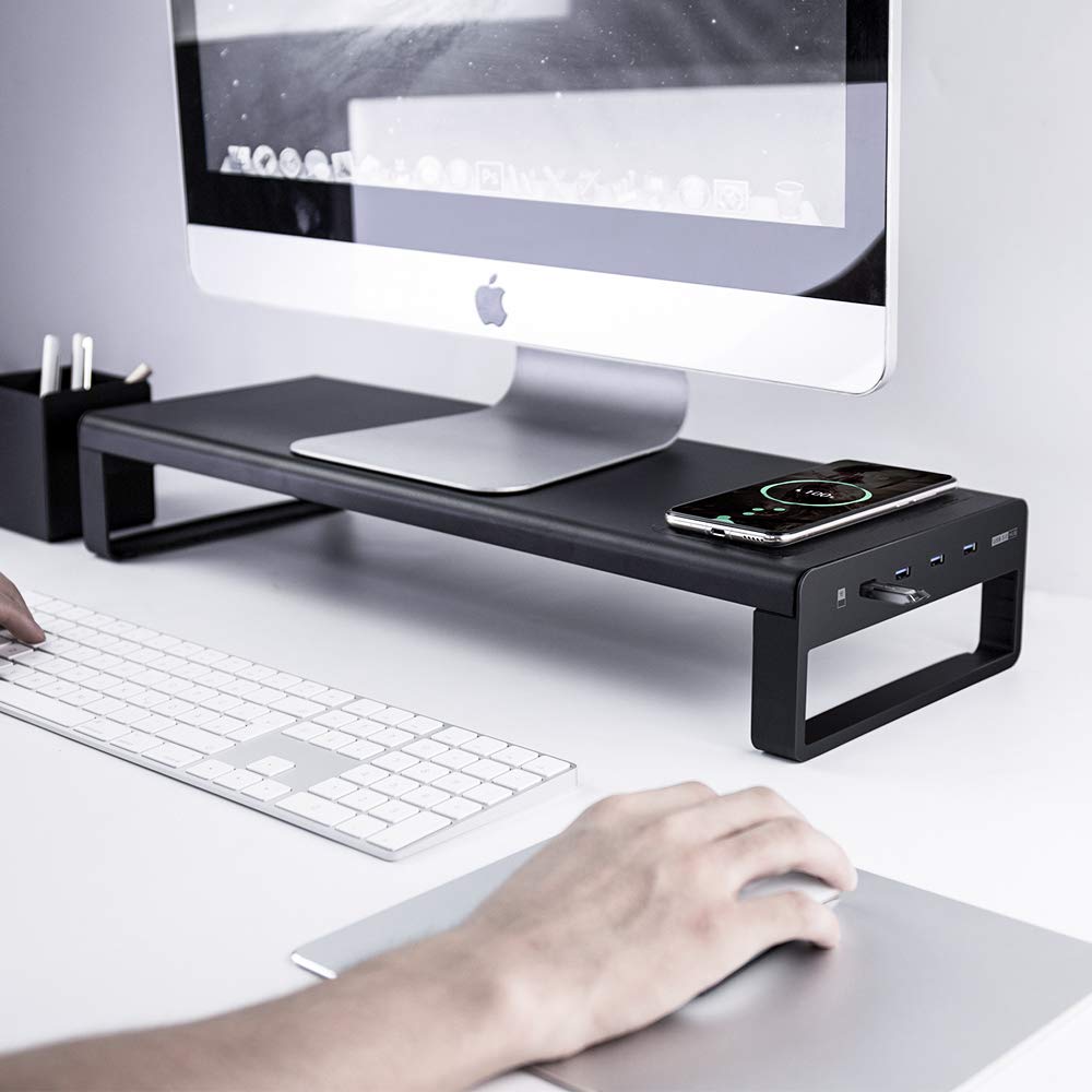 Wireless Charging Monitor Stand - Aluminum Alloy Desktop Riser with USB Port for Computer, Laptop, PC | Ergonomic Workspace Organizer for Office & Home Use (Silver)