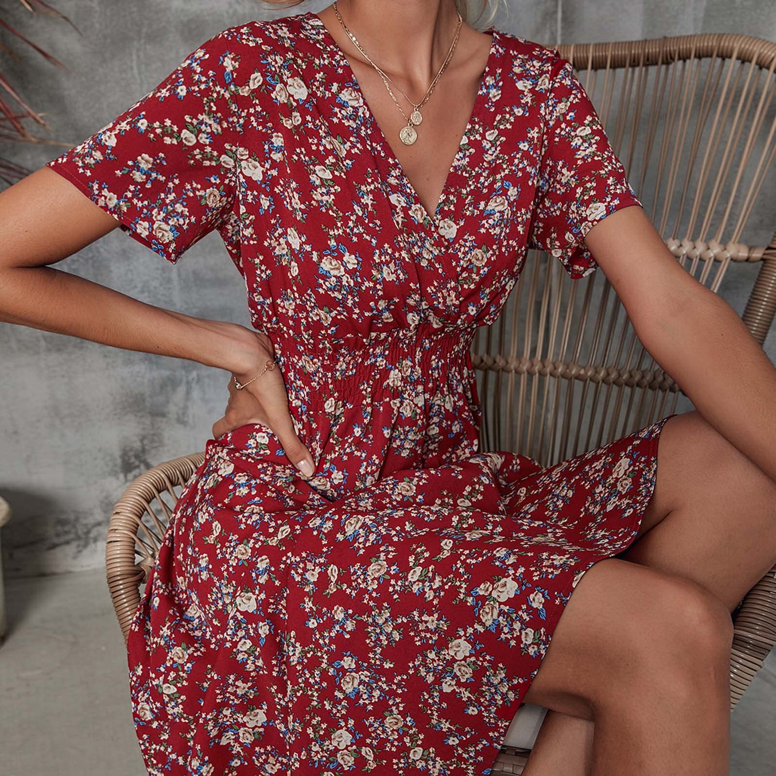 AMhomely Women's Floral Print Casual Dress - Short Sleeve V-Neck Midi Dress for Work, Office & Wedding Guest (Plus Size Available) | Summer Party, Church, Date Night Outfit
