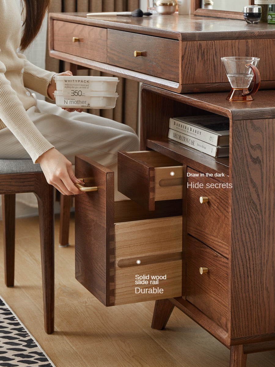 Solid Oak Wood Extendable Dressing Table - Walnut Finish | Elegant Vanity Desk for Bedroom, Makeup Station & Home Decor