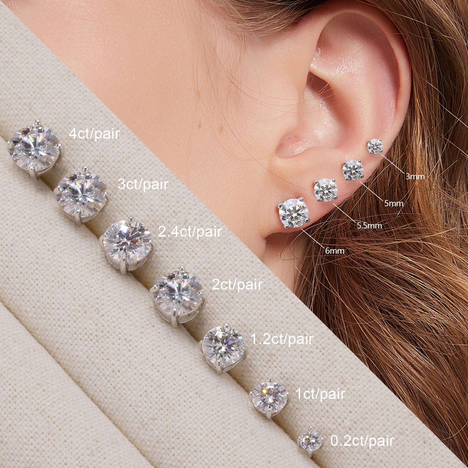 BREN Moissanite Stud Earrings for Women & Men - 18K White Gold Plated S925 Sterling Silver, D Color Brilliant Round Cut Imitation Diamond Earrings - Perfect for Weddings, Anniversaries, Gifts & Everyday Elegance