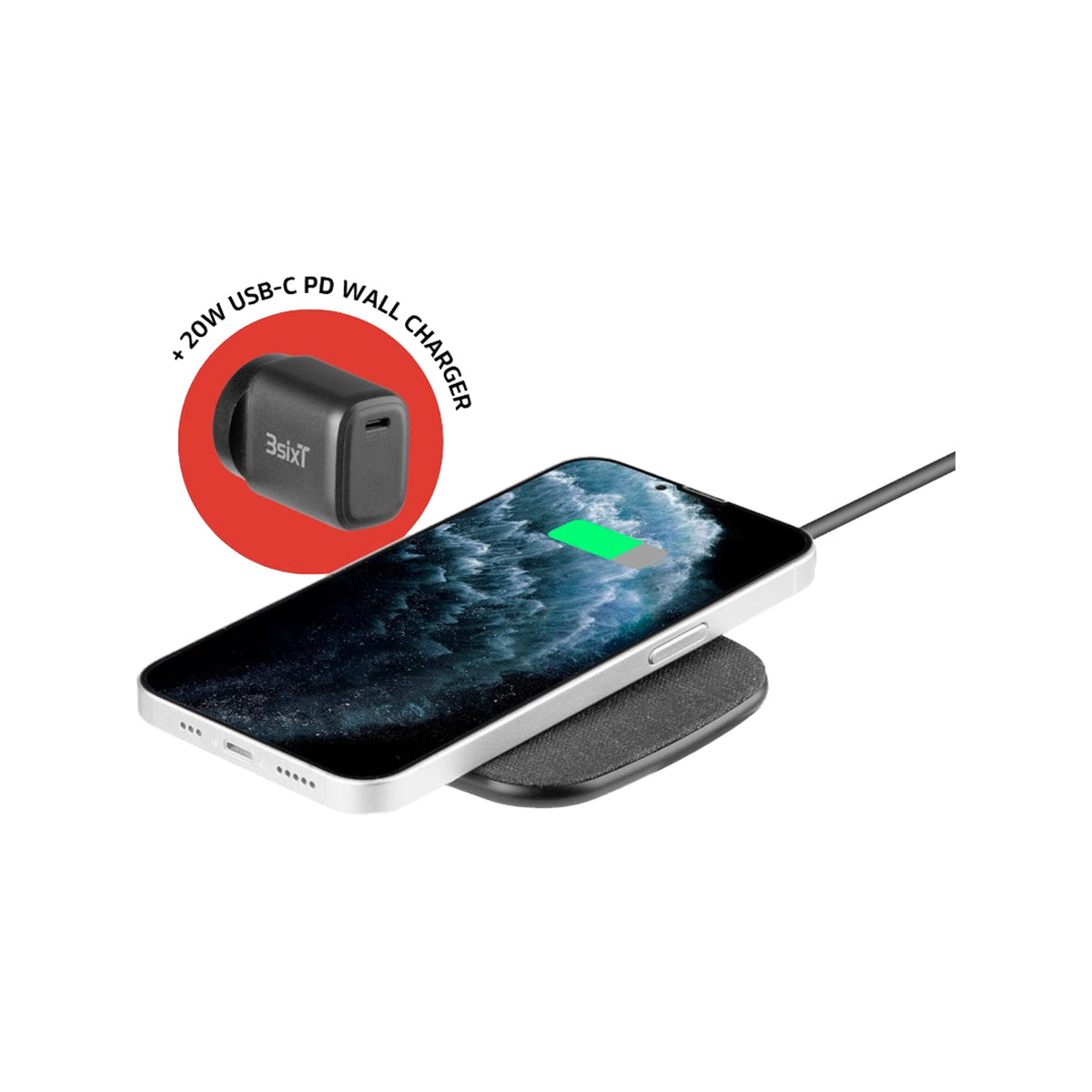 3sixT 15W Fast Wireless Charger for iPhone 15/14/13/12, Samsung Galaxy S23/S22/S21 - Qi Certified Stand for Bedside, Office & Car Use