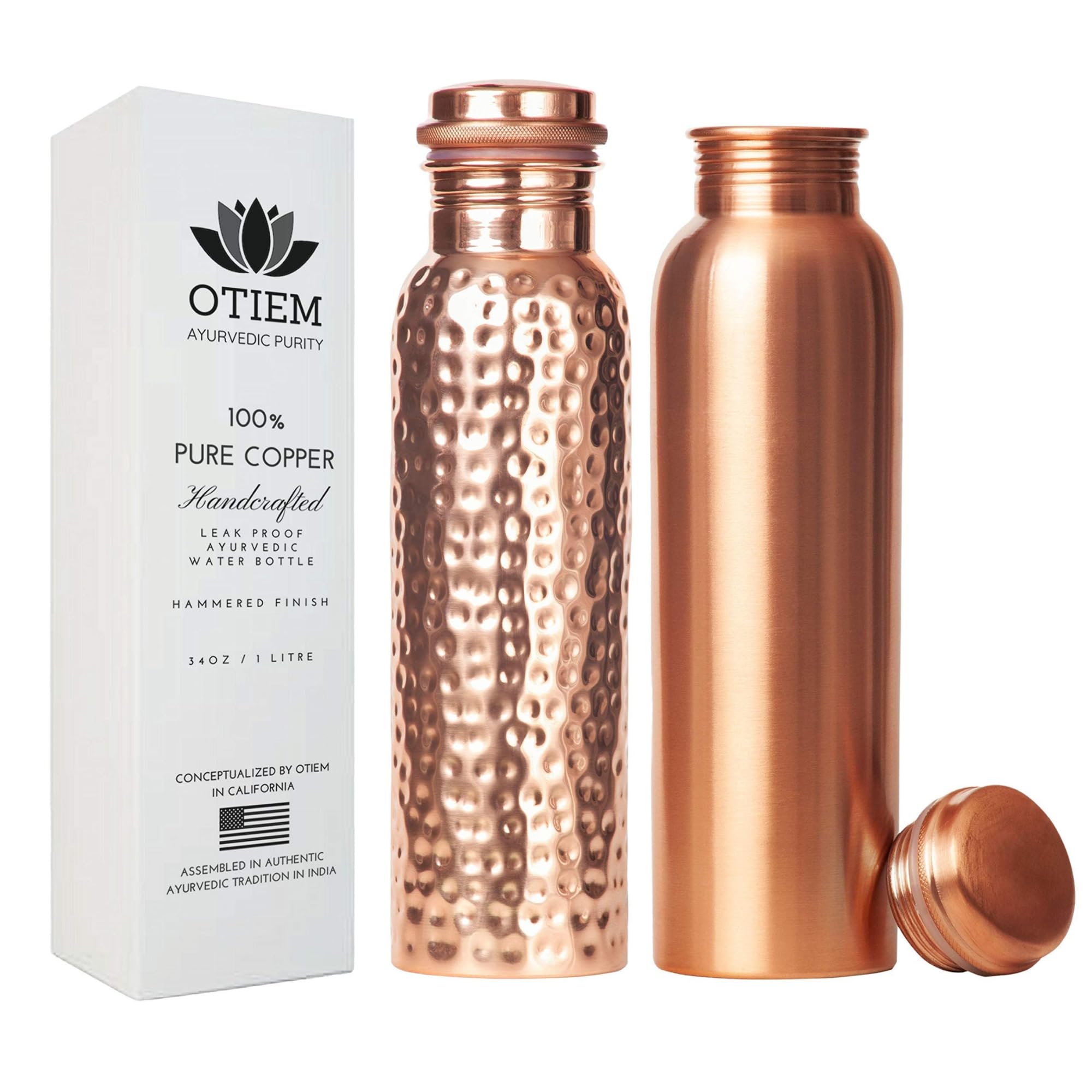 Premium 2-Pack Copper Water Bottles Set - 32oz Large Ayurvedic Copper Water Vessel for Drinking (1 Sleek + 1 Hammered Finish) | BPA-Free, Natural Water Purification | Perfect for Yoga, Gym, Office & Outdoor Activities