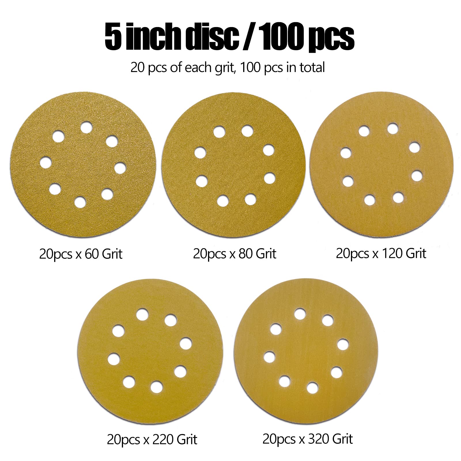 100pcs 5 Inch Hook & Loop Sanding Discs - 60/80/120/220/320 Grit Assortment - 8 Hole Round Orbital Sander Paper for Wood, Metal, Car & Boat Polishing - 20 Pcs per Grit - Perfect for DIY Projects & Professional Woodworking Finishing