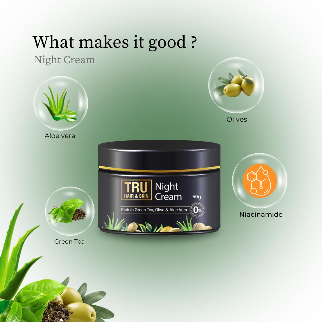 TRU HAIR & SKIN Green Tea & Niacinamide Night Cream for Acne Prone Skin - 50g | Fades Acne & Dark Spots | Hydrating Anti-Aging Face Moisturizer | Perfect for Nighttime Skincare Routine