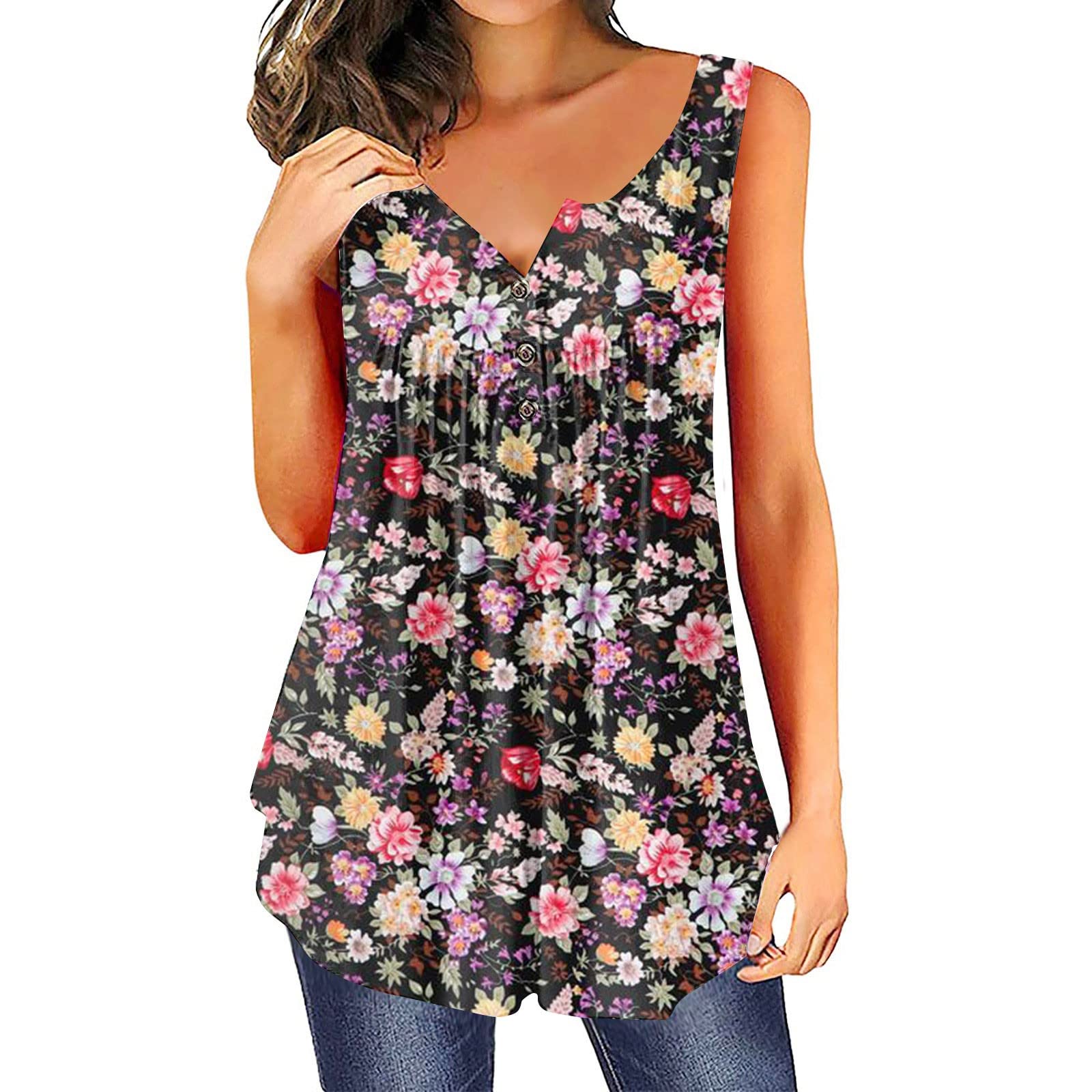Floral Sleeveless Tank Top for Women - Soft V-Neck Button Down Cotton Blouse, Comfortable Spring & Summer Work Wear, Casual Outfit for Office, Date Night & Outdoor Activities