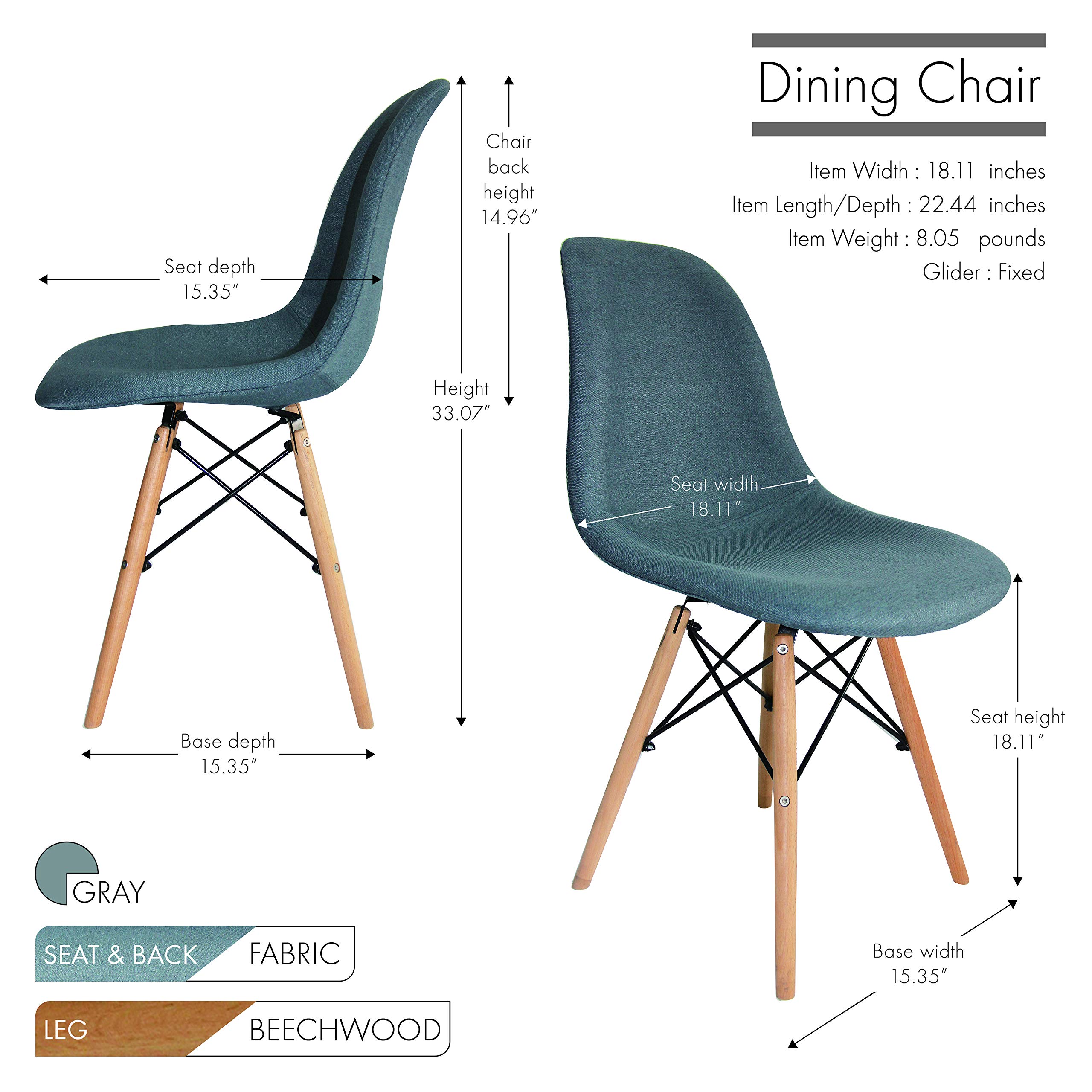 Porthos Home Haig Modern Dining Chair Set of 2 - Fabric Upholstered Seat with Sturdy Beech Wood Legs & Reinforced Support - Perfect for Dining Room, Living Room & Bedroom Accent Chairs