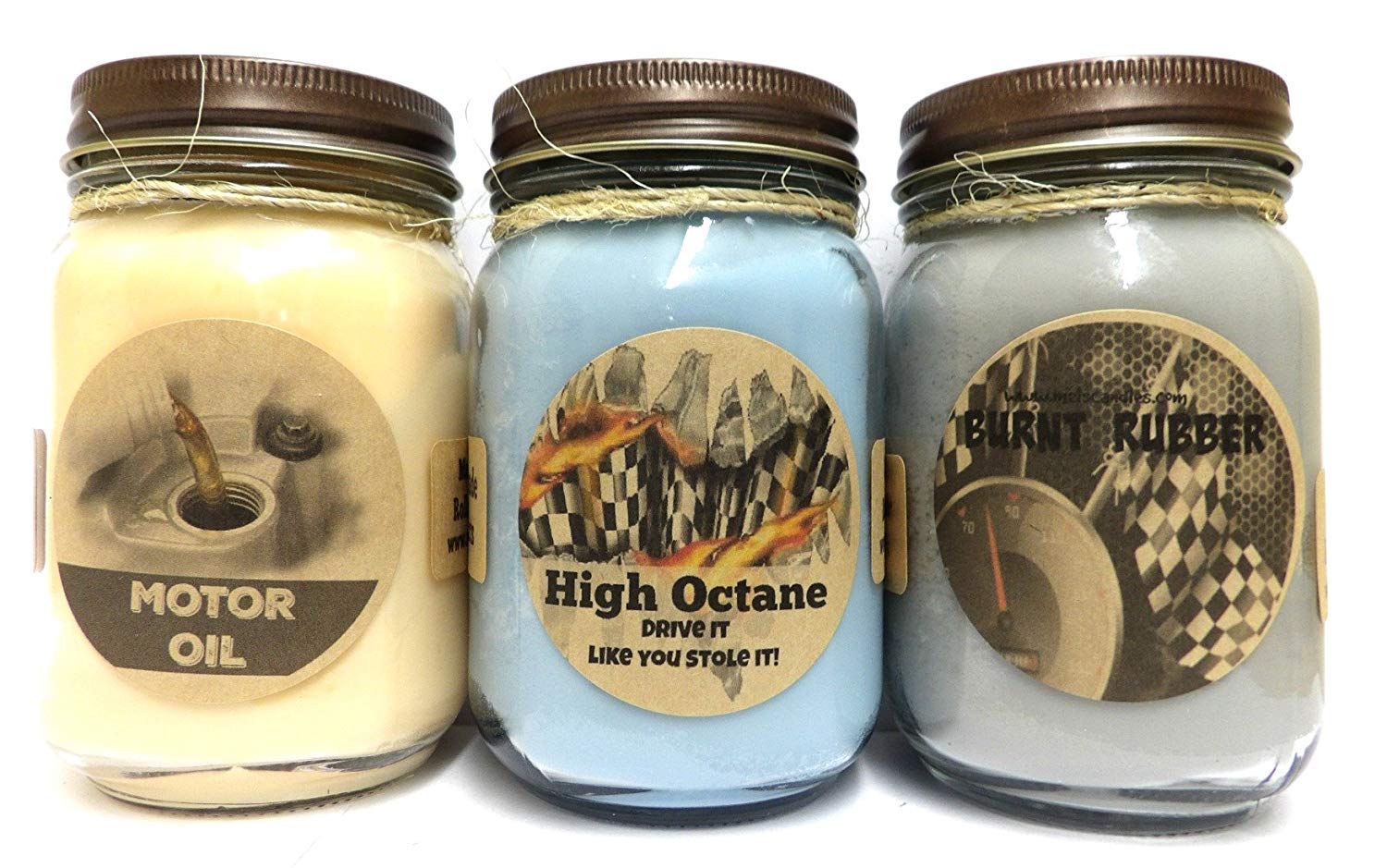 3-Pack High Octane Racing Fuel, Motor Oil & Burnt Rubber Scented Soy Candles - 16oz Country Jar Aromatherapy Candles for Car Enthusiasts, Man Cave Decor & Automotive-Themed Gifts