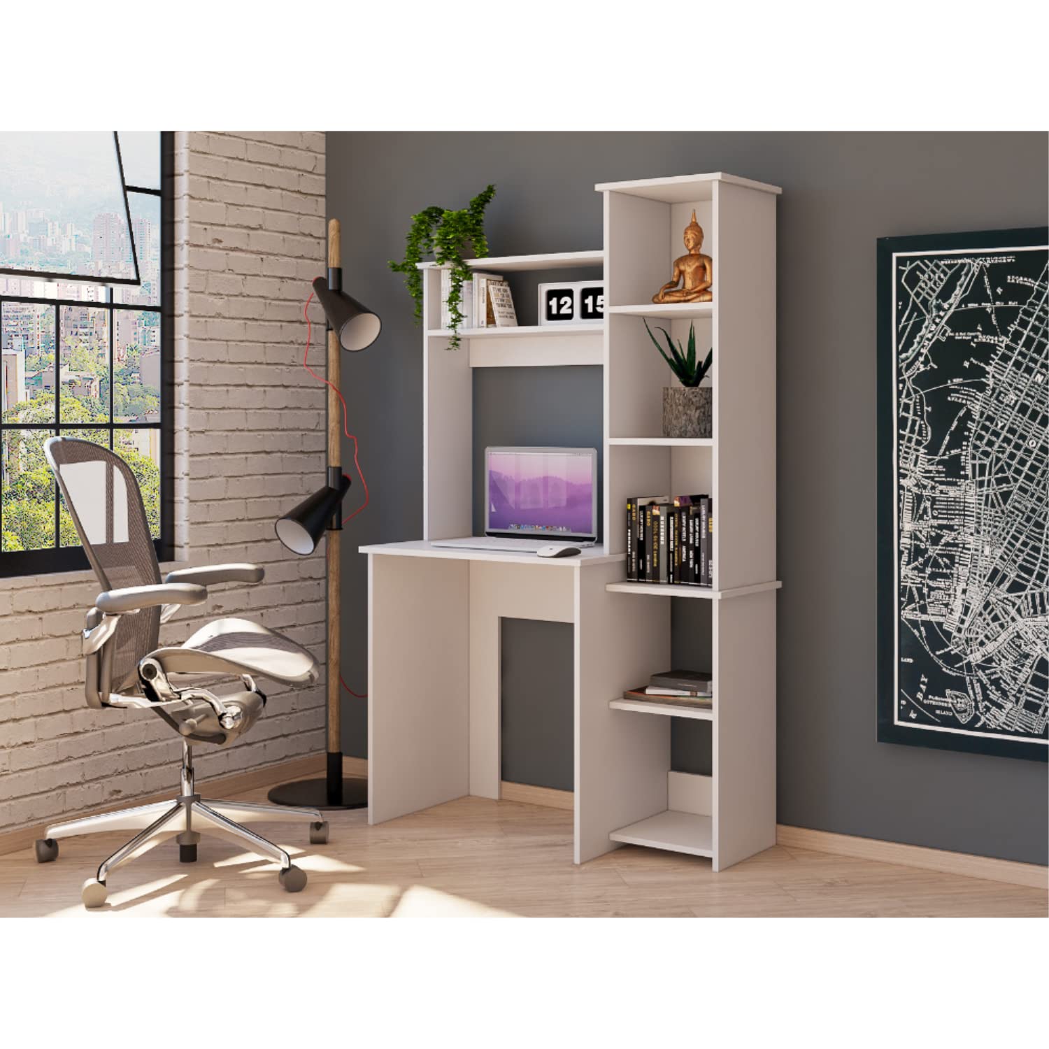 Aramis Ergonomic White Office Desk with 5 Shelves & 2 Large Storage Shelves - 63.9 Inch Height Computer Workstation for Home Office, Study Room & Small Spaces