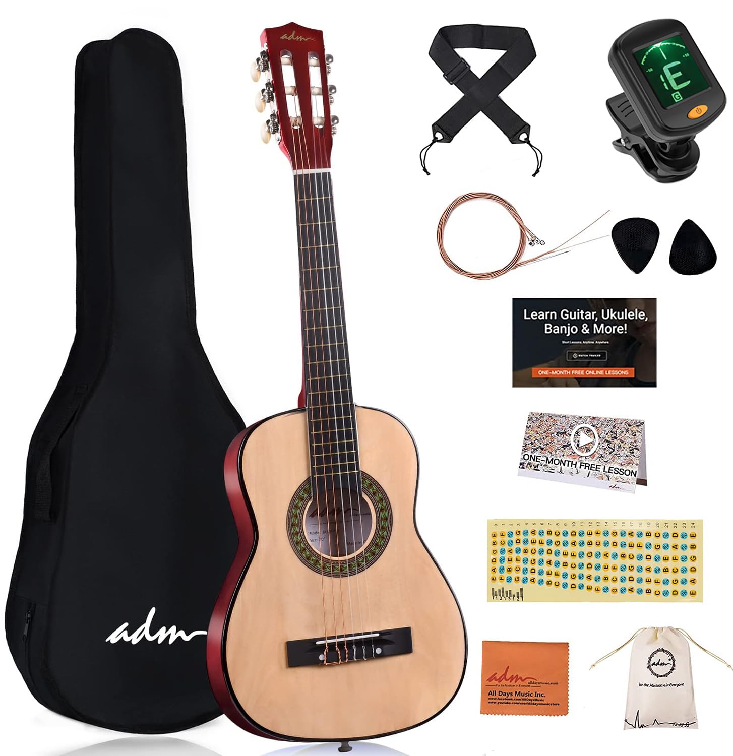 ADM 30 Inch Beginner Acoustic Classical Guitar with Nylon Strings - Wooden Guitar Bundle Kit for Kids, Boys, Girls & Students (Includes Gig Bag, Strap, Tuner, Extra Strings, Picks) - Perfect for Home Practice, Music Lessons & Youth Performances
