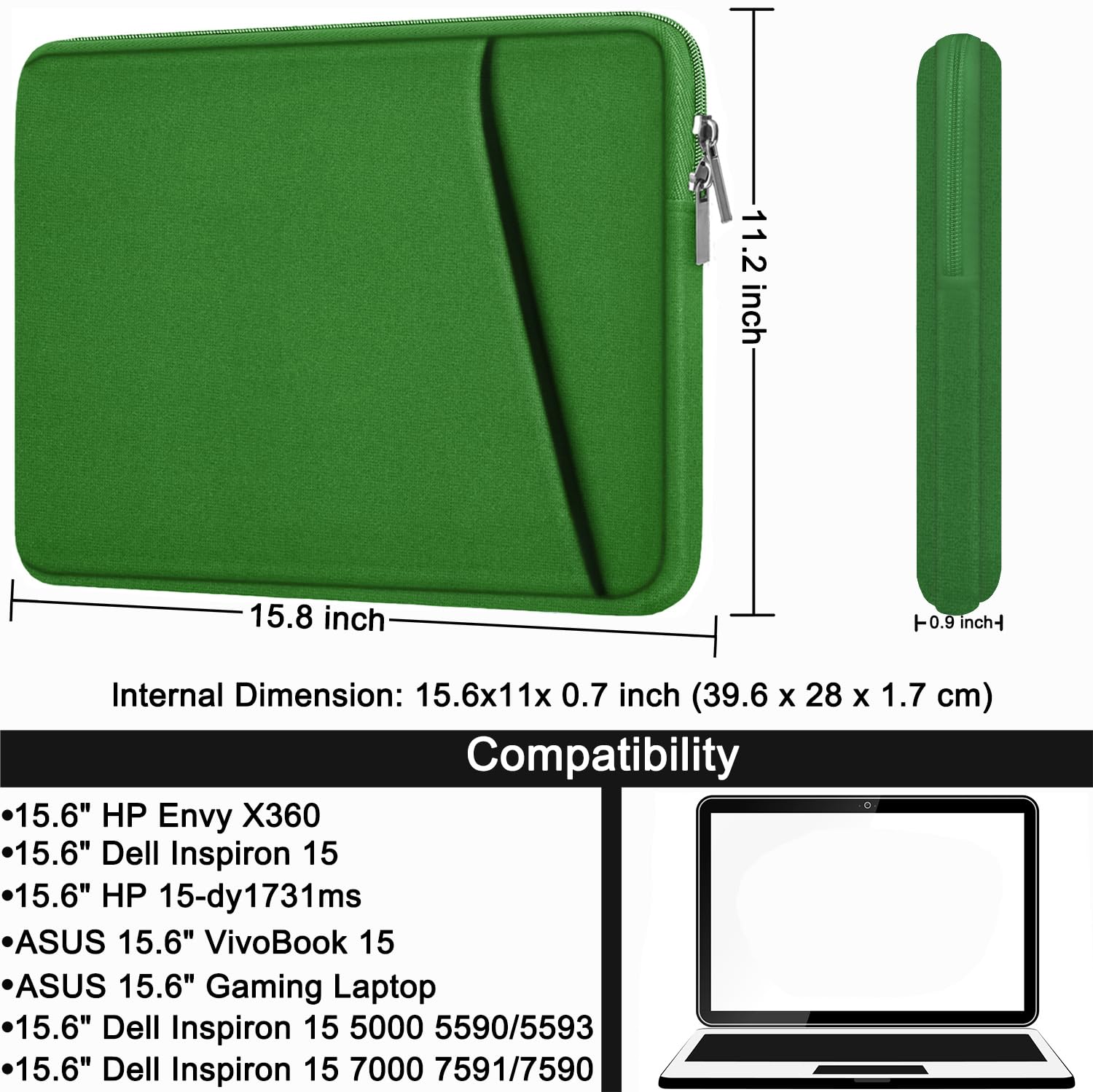 Askuko 15.6 Inch Laptop Sleeve - Shockproof Protective Case for HP, Dell, Asus, Lenovo Notebooks with Front Pocket, Dark Green - Perfect for Work, Travel, and School