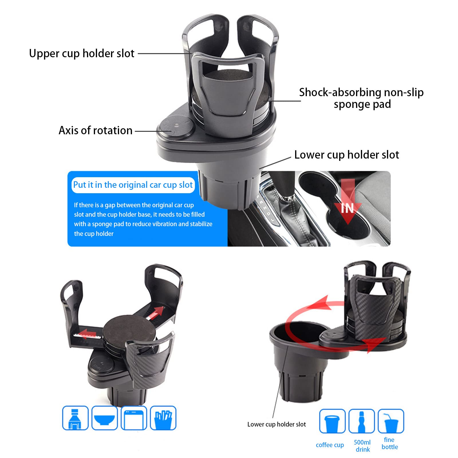 Dual Car Cup Holder Expander - 2-in-1 Multifunctional Adjustable Cup Holder with 360° Rotating Base for Cars, Trucks & SUVs | Extendable Drink Holder for Coffee, Water Bottles & Travel Mugs | Perfect for Commuting, Road Trips & Daily Driving