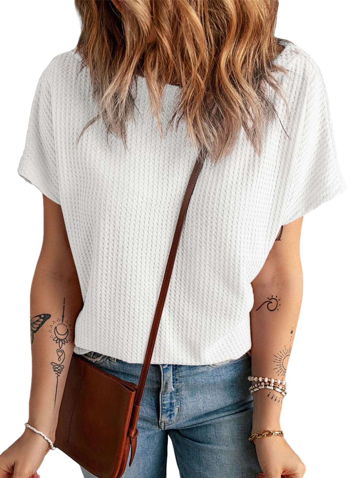 Dokotoo Women's Casual Boat Neck Short Sleeve Waffle Knit Shirt - Loose Summer Tunic Top Blouse for Beach, Vacation & Everyday Wear