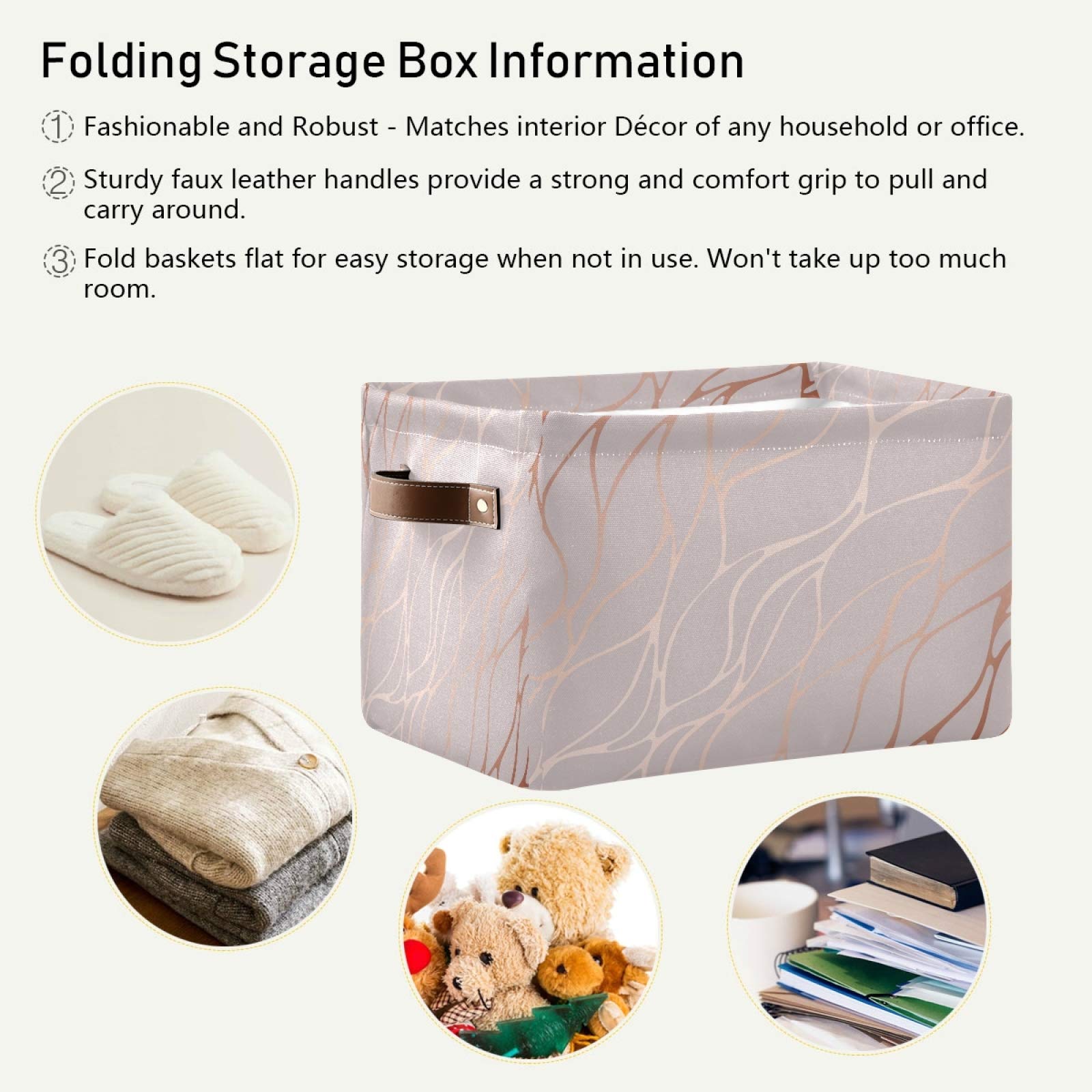 AUUXVA Rose Gold Marble Storage Basket - Collapsible Canvas Cube Organizer Bin with Handles for Toys, Clothes & Home Organization | Perfect for Bedroom, Closet, Office & Nursery Storage