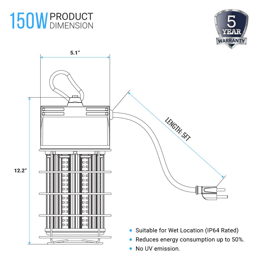 150W LED Work Light Fixture with Cage - 5000K Daylight, 18000 Lumens, IP64 Waterproof - Perfect for Construction Sites, Workshops, and Outdoor Lighting
