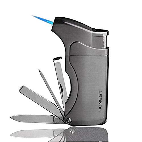 5-in-1 Windproof Refillable Lighter with Pipe Cleaner - for Cigarettes, Cigars & Pipes (Gray)