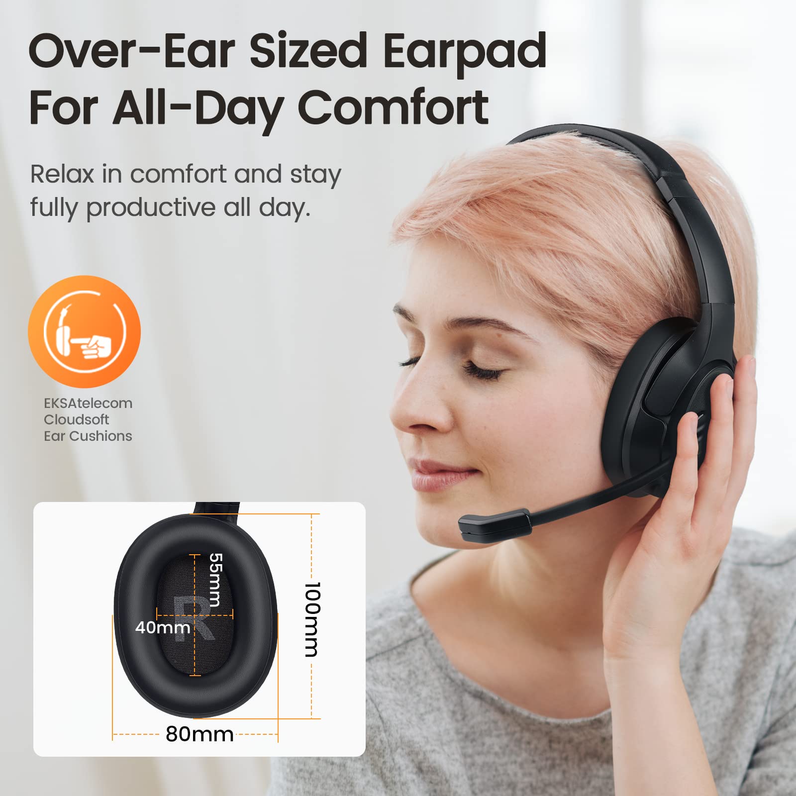 EKSA Wireless Bluetooth 5.0 Headset with AI Noise Cancelling Microphone - Comfortable Over-Ear Headphones for Work, PC, Laptop, Zoom Meetings & Office Calls - Perfect for Remote Work, Gaming & Online Classes