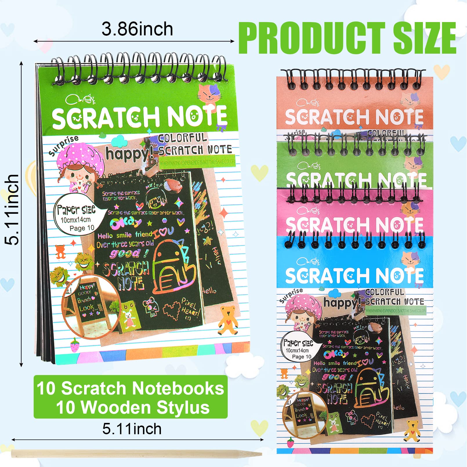 10 Pack Rainbow Scratch Notebooks for Kids - Color Reveal Art Pads with Wooden Stylus - Creative Arts & Crafts Activity for Birthday Parties, Classroom Projects & Travel Entertainment