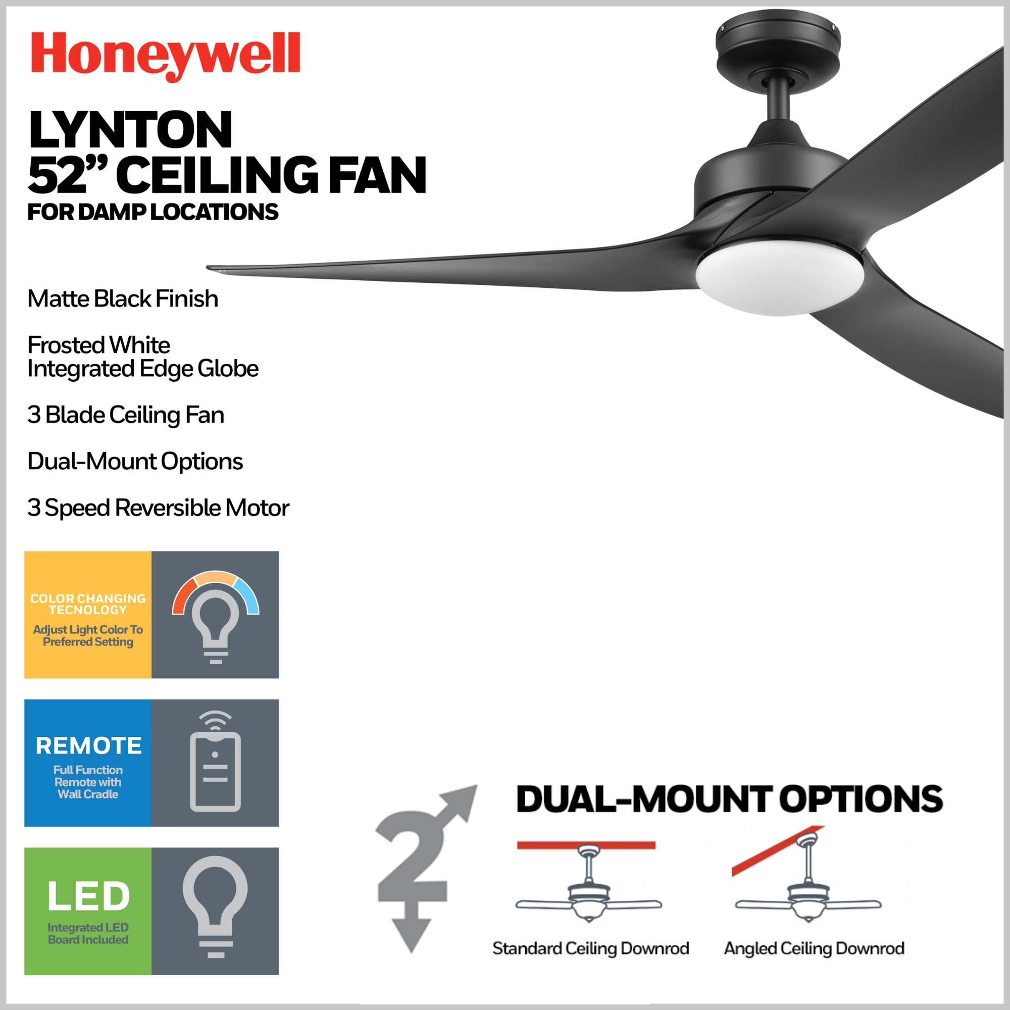52 Inch Honeywell Lynton Matte Black Ceiling Fan with Light Kit & Remote Control - Quiet Reversible Motor for Bedroom, Living Room, and Outdoor Covered Patio