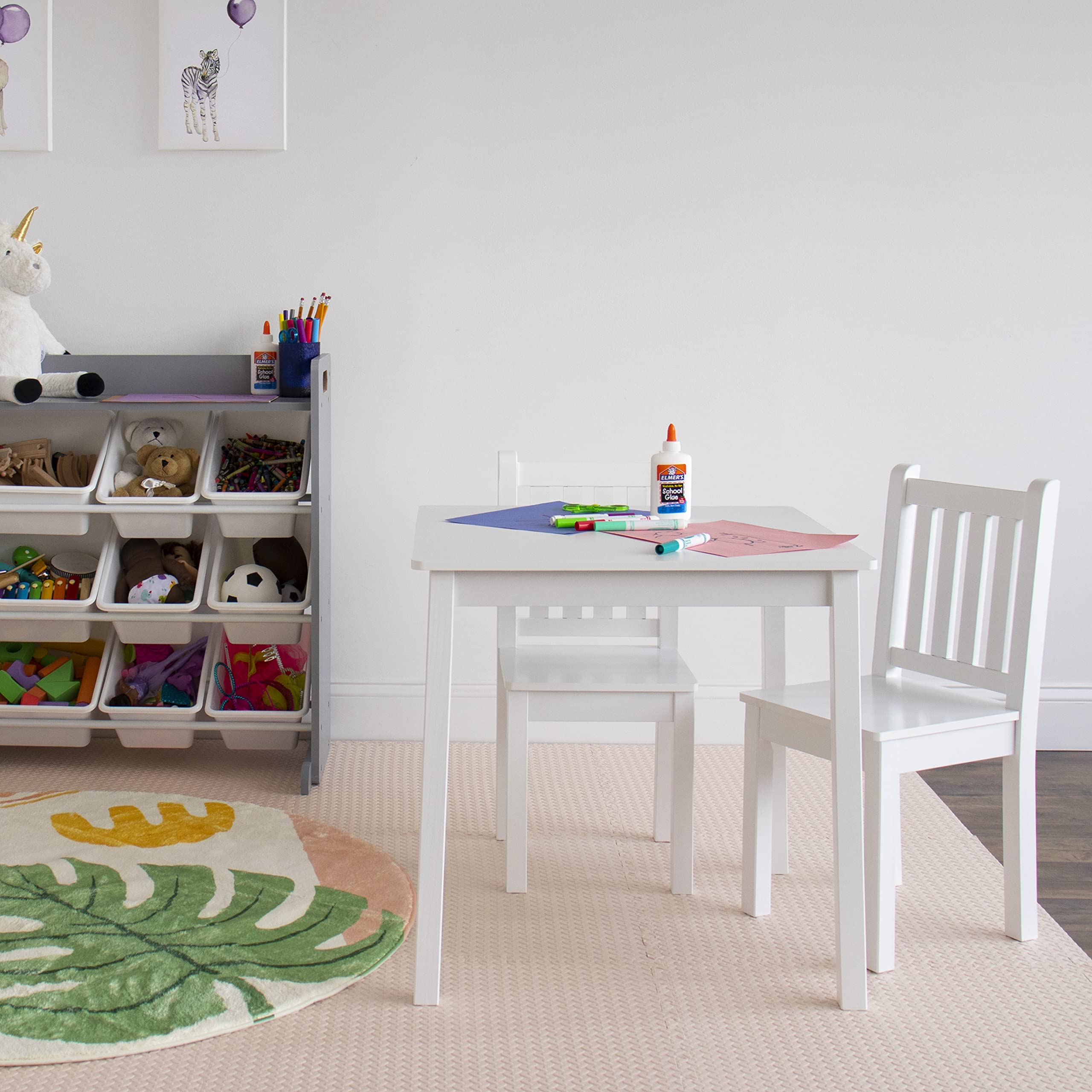 Humble Crew White Kids Wood Square Table and 2 Chairs Set with Extra-Large Toy Organizer - 16 Storage Bins in White | Perfect for Playroom, Classroom, and Kids Bedroom Organization