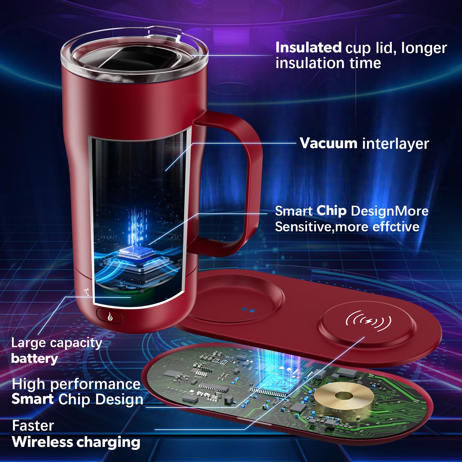Smart Self Heating Coffee Mug 18 Oz - App Controlled Temperature Control Warmer Cup with LED Display & Fast Wireless Charger Base (5-10 Hours Heat Retention) - Perfect for Office, Travel, Commuting & Home Use - Rogue Red