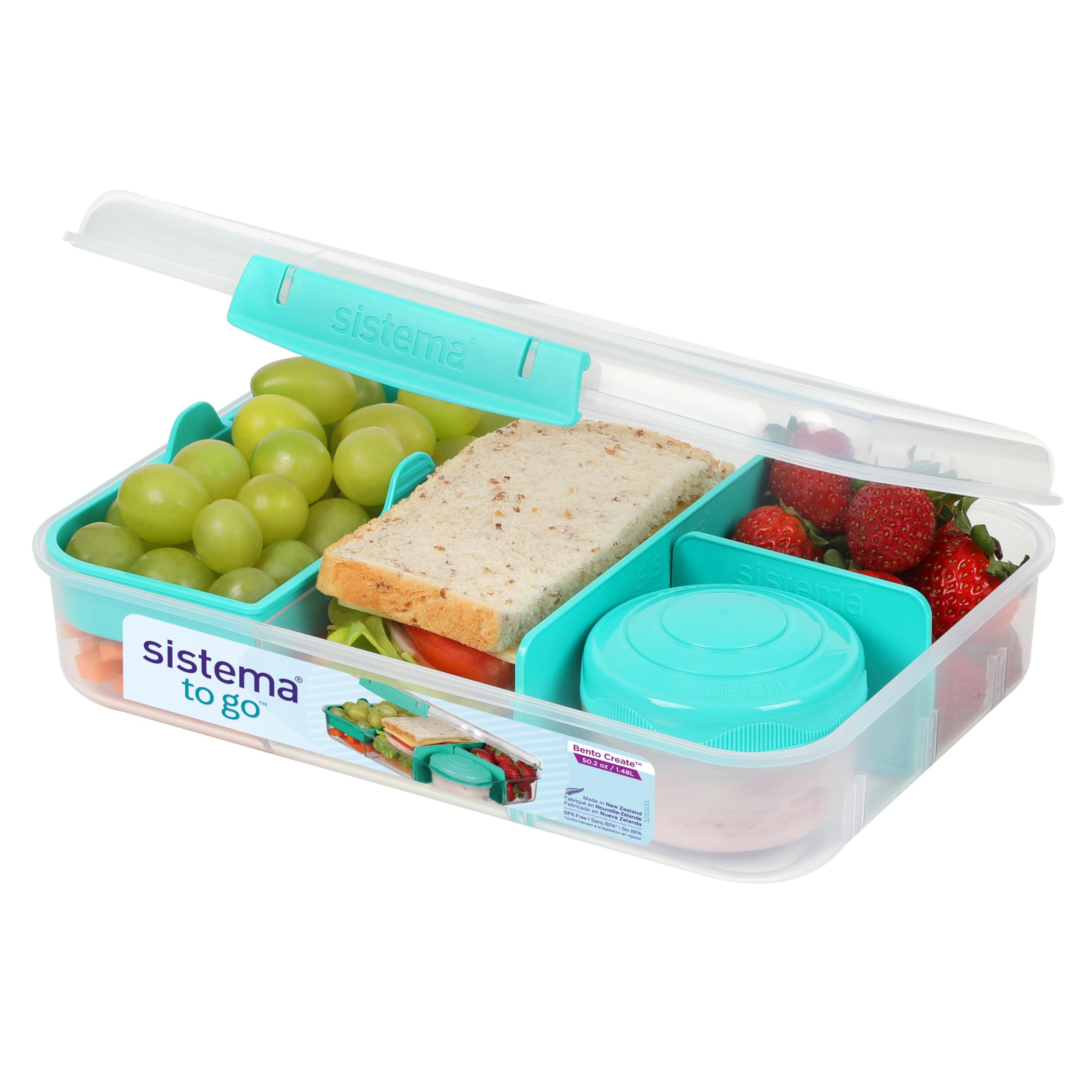 Sistema TO GO Bento Box - 1.48L Leak-Proof Lunch Container with Multiple Compartments & Snack Pot - BPA-Free Food Storage for School, Office, Picnics & Meal Prep - Mint Teal (1 Count)