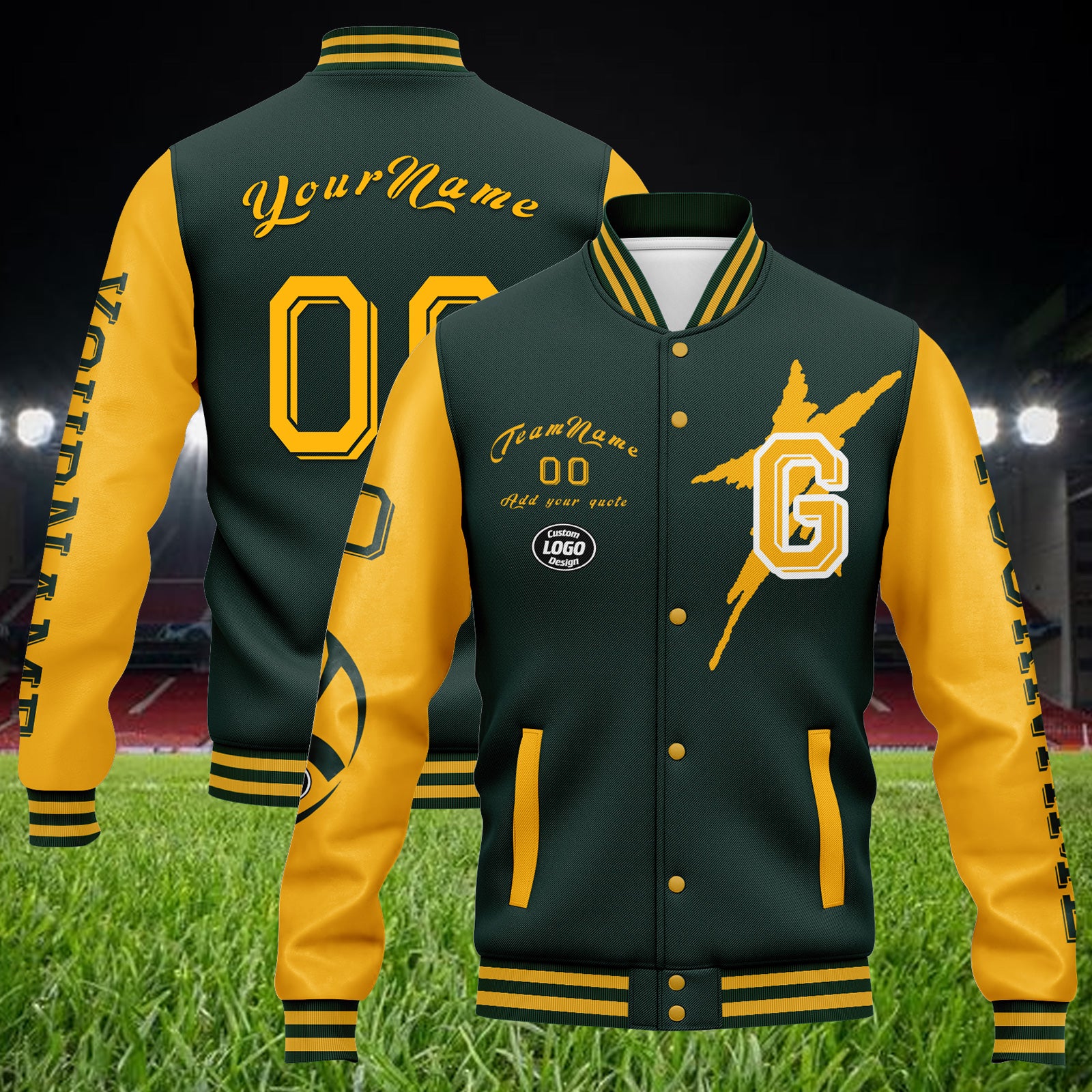 Custom Green & Yellow Green Bay Bomber Jacket - Personalized Varsity Letterman Jacket with Full Snap Closure (FZ005SX D020290) - Perfect for Football Games, School Spirit Events & Vintage Fashion