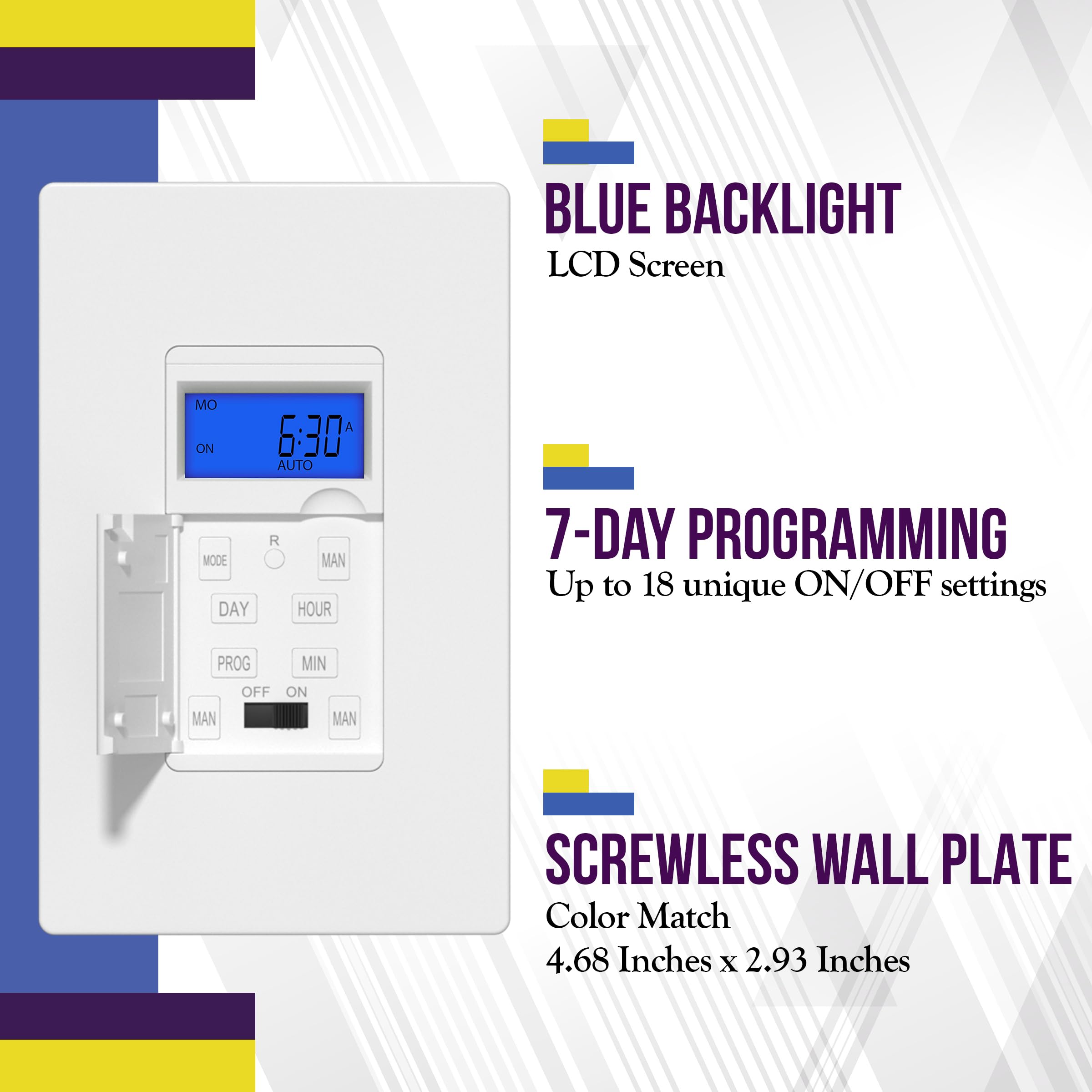 Enerlites 7-Day Digital Programmable Timer Switch for Lights, Fans & Motors - Single Pole, Neutral Wire Required, 18 ON/Off Settings with Blue Backlight - HET01 White (4-Pack) - Perfect for Home Automation, Energy Savings & Vacation Lighting Control