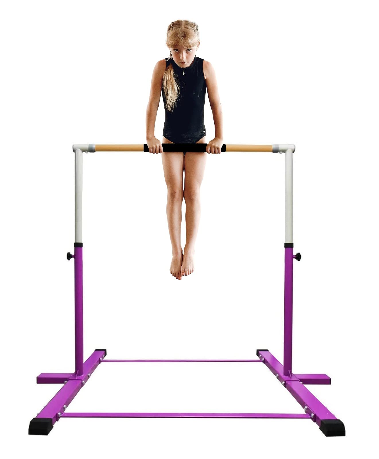 Adjustable Kids Gymnastics Bar - Professional Training Horizontal Bar for Junior Gymnasts (3-5FT Height, Purple Cushioned) | Perfect for Home Practice, Backyard Training & Gymnastics Skill Development