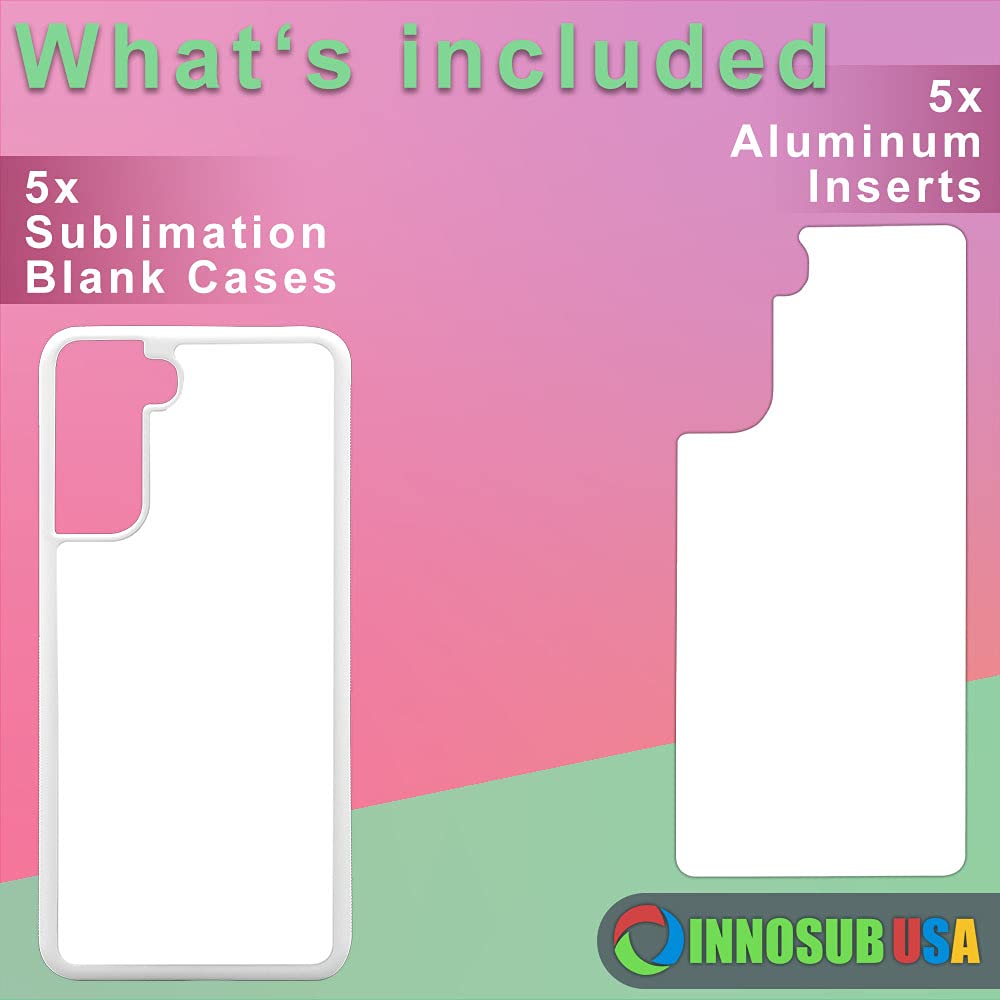 5 Pack Sublimation Phone Cases for Galaxy S21 - White Rubber Blank Dye Cases with Aluminum Inserts | Printable Phone Cover Blanks for DIY Customization | Perfect for Personalized Gifts, Small Business & Craft Projects