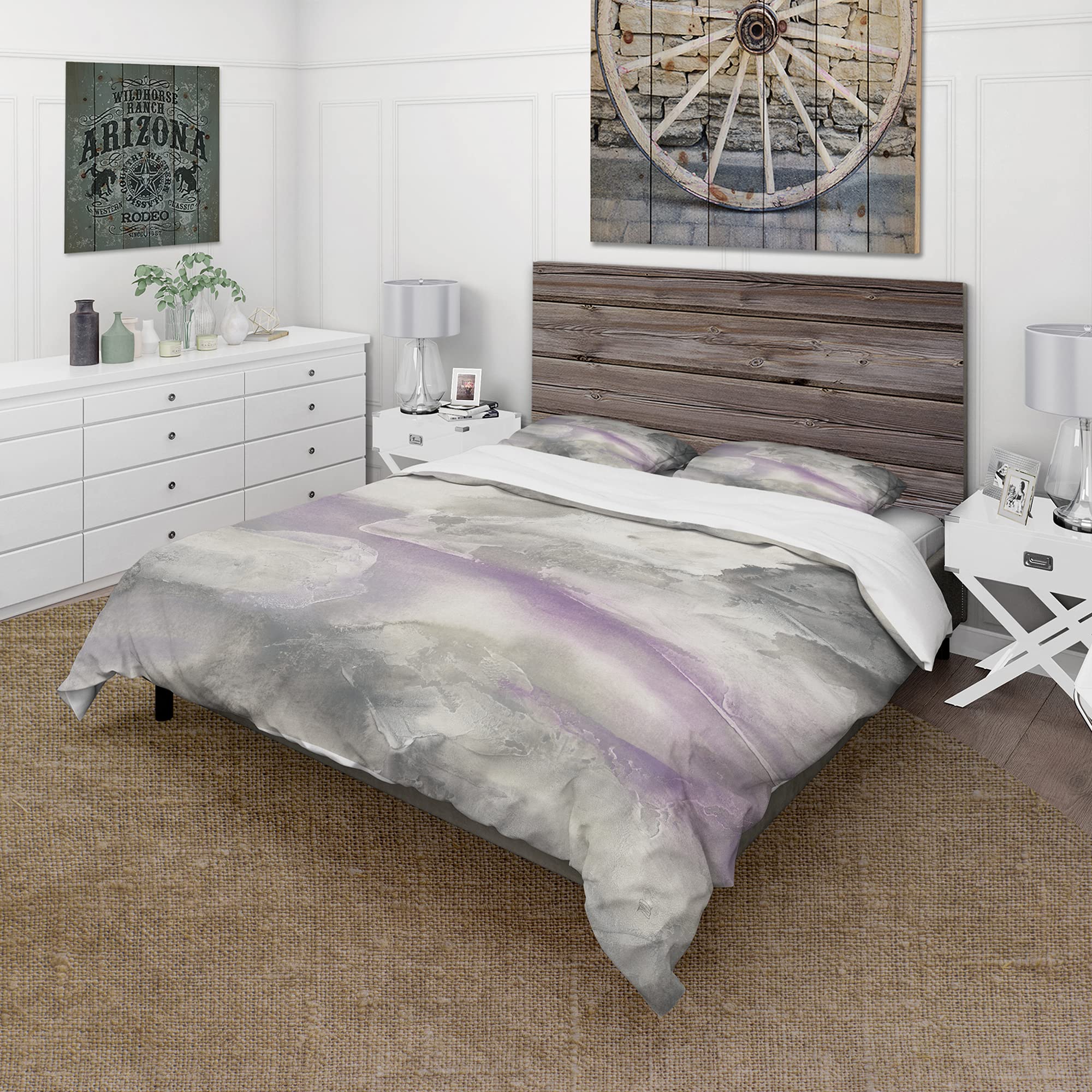 DesignQ Minimalist Watercolor Purple Farmhouse Duvet Cover Set - Twin Size Grey Country Charm Bedding 3-Piece Set | All-Season Cozy Farmhouse Style for Master Bedroom, Guest Room & Vacation Homes