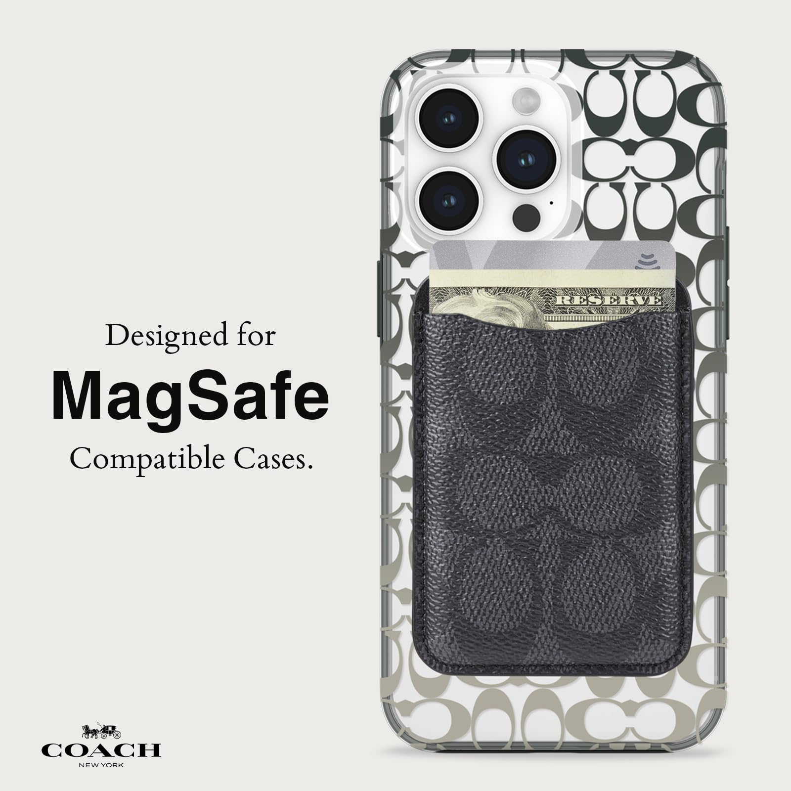 Coach Magnetic Phone Wallet & Card Holder - Compatible with MagSafe iPhones & Cases - Signature Charcoal - Perfect for Hands-Free Shopping & Travel