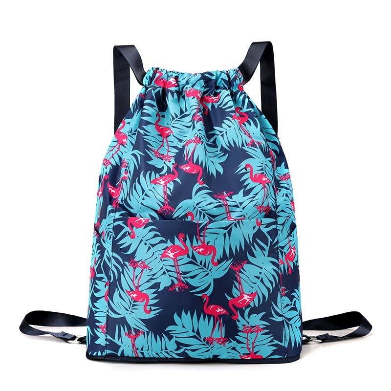 Waterproof Drawstring Backpack with Zipper Pocket - Lightweight Gym Sack for Swimming, Travel & Sports - Flamingo Printed Daypack for Men & Women (1 Pack) - Perfect for Beach, Gym, Yoga & Outdoor Activities