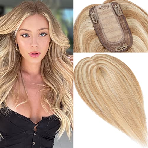 S-noilite Silk Base Human Hair Topper for Women - 130% Density Balayage Clip-in Hairpiece, 44g 14
