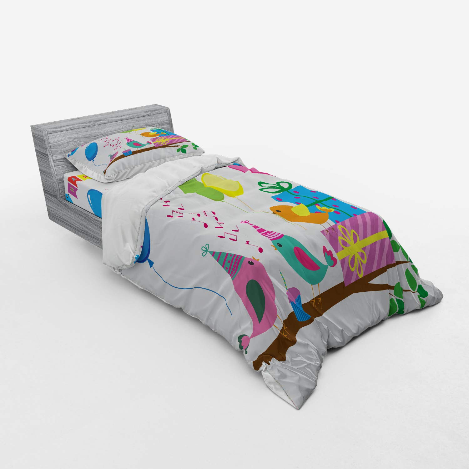 Ambesonne 3-Piece Twin Size Birthday Party Duvet Cover Set - Singing Birds, Happy Birthday Song, Flags & Party Cake Celebration Design - Includes Sham & Fitted Sheet - Perfect for Birthday Decorations & Themed Bedroom Makeovers