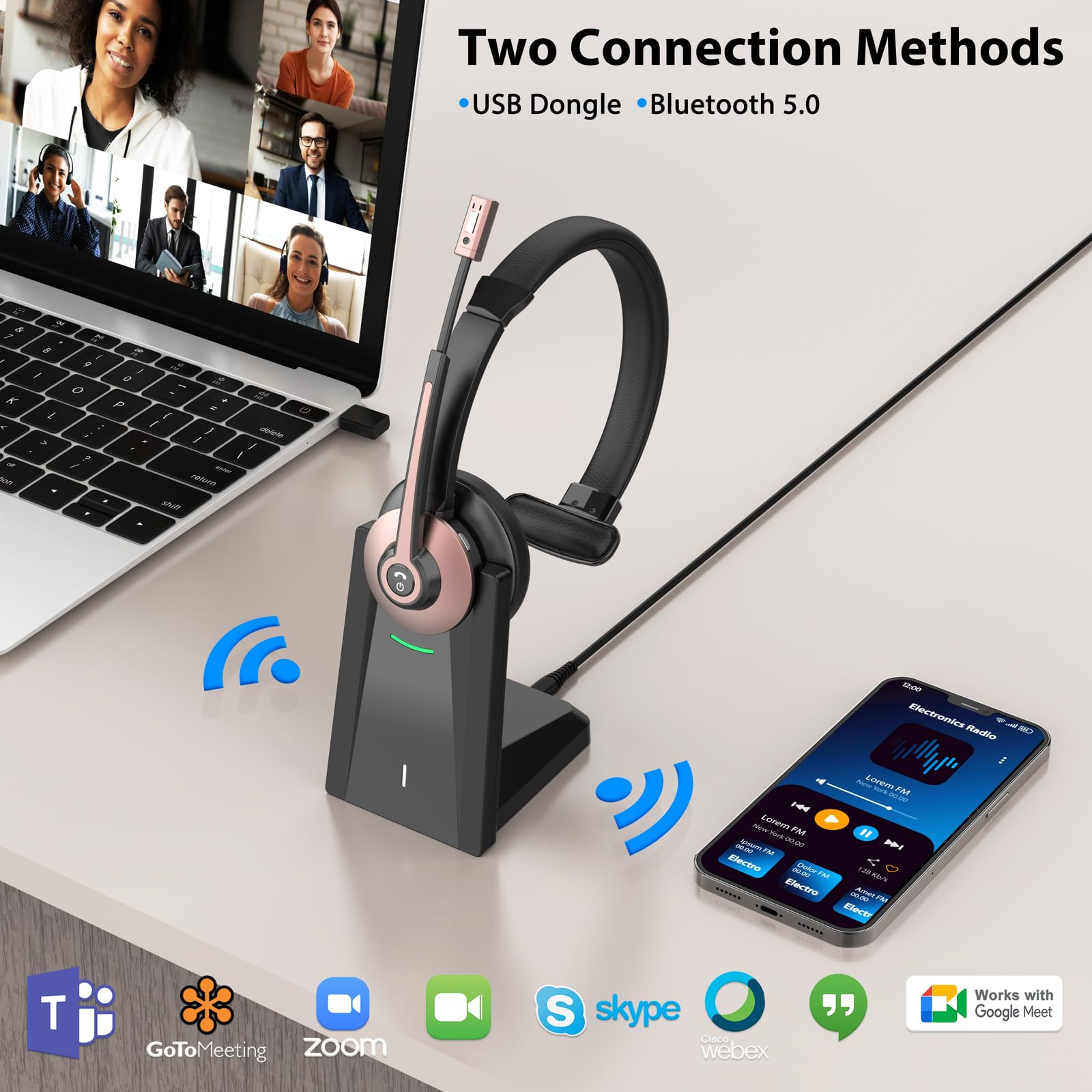 Earbay Wireless Bluetooth Headset with Noise Canceling Mic, USB Dongle & Charging Base - Mute Function for Home Office, Computer, Laptop, Call Center - Perfect for Zoom Meetings & Microsoft Teams Calls