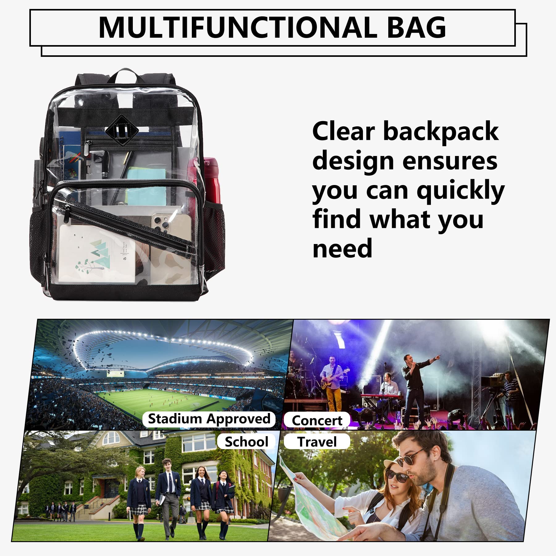 Kasqo 15.6 Inch Clear Backpack - Heavy Duty PVC Transparent School Backpack for College, Work & Travel | Stadium Approved See Through Backpack | Perfect for Sports Events, Airport Security & Daily Commute