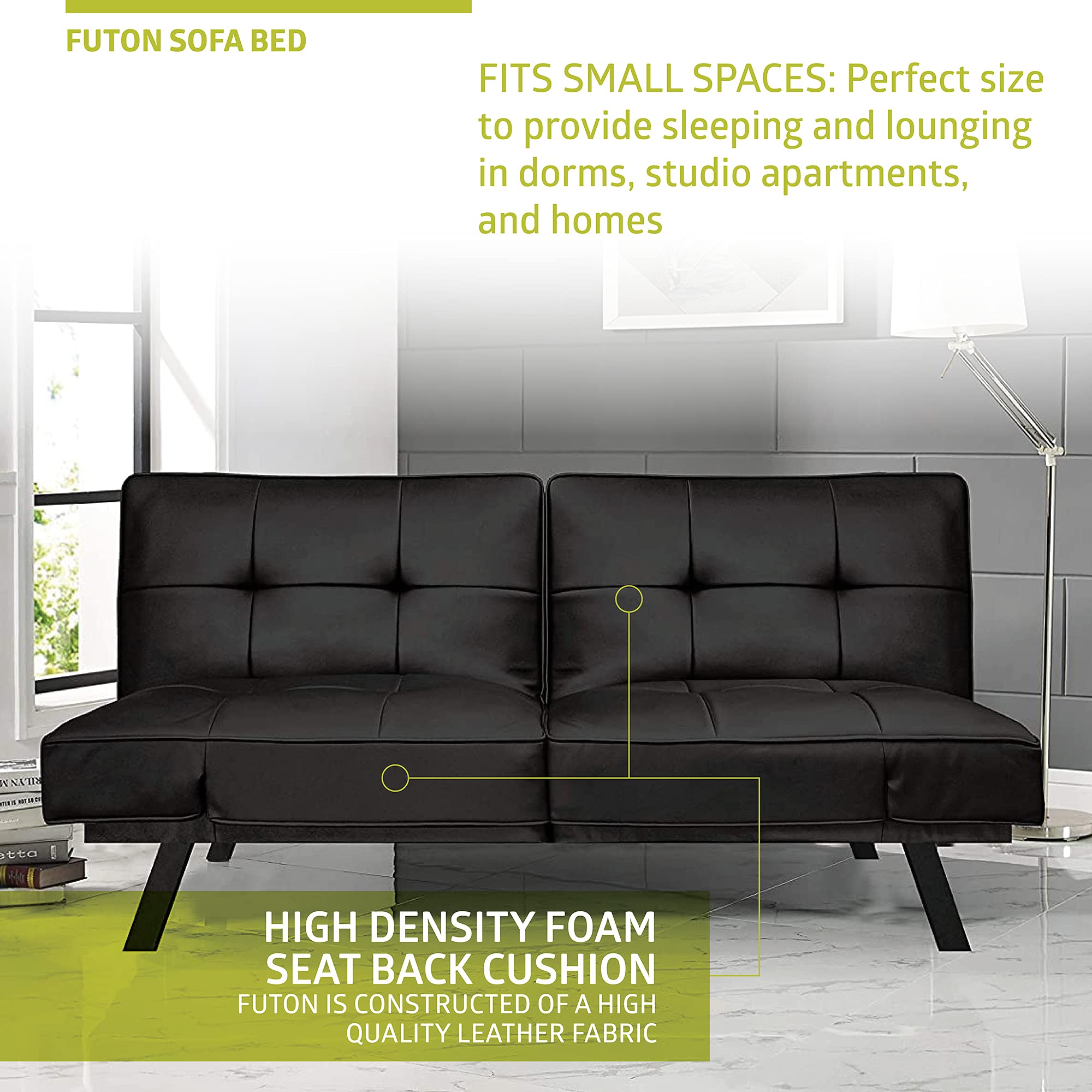 Pearington PEAR-BLK-0433 Black Leather Convertible Futon Sofa Bed - Durable Metal Frame & Legs - Multi-Functional for Living Room, Guest Room & Small Spaces