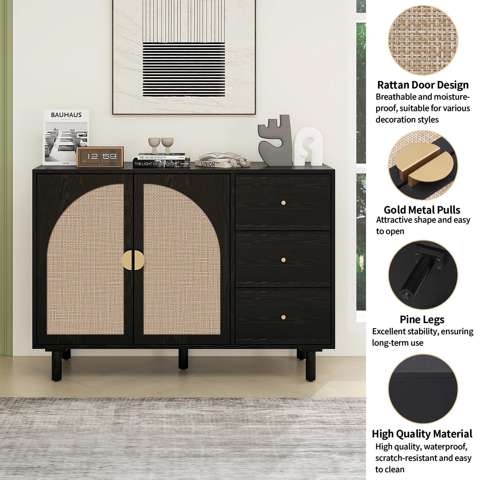 Modern Rattan Sideboard Buffet Cabinet with 2 Doors & 3 Drawers - Adjustable Shelves Storage Console for Living Room, Kitchen, Dining Room - Boho Chic Home Decor Accent Furniture (Black) | Perfect for Entertaining, Displaying Decor & Organizing Dishes