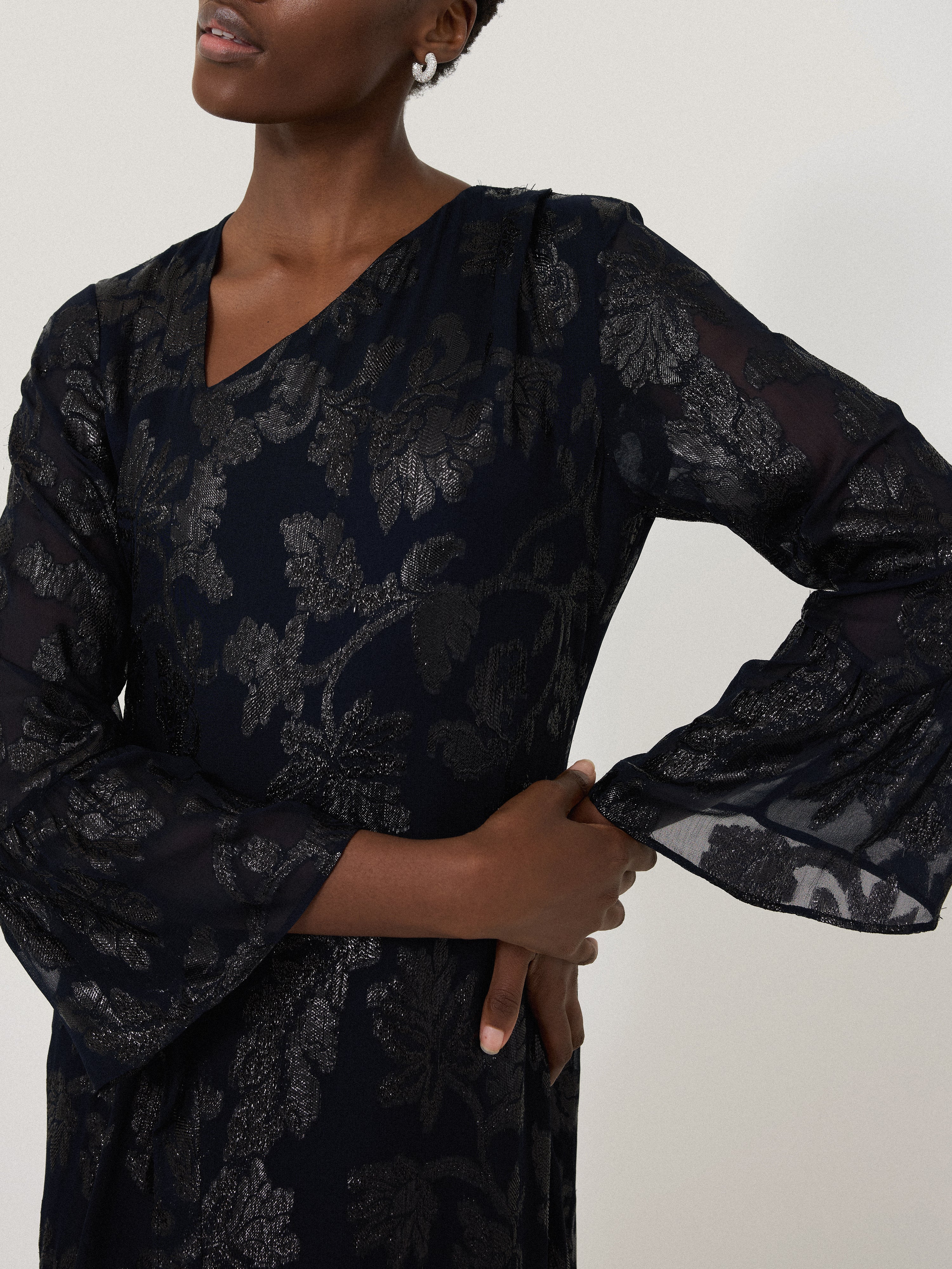 Elegant Metallic Jacquard Midi Dress in Navy Blue | Women's Formal & Cocktail Party Wear | Perfect for Evening Events, Weddings & Special Occasions