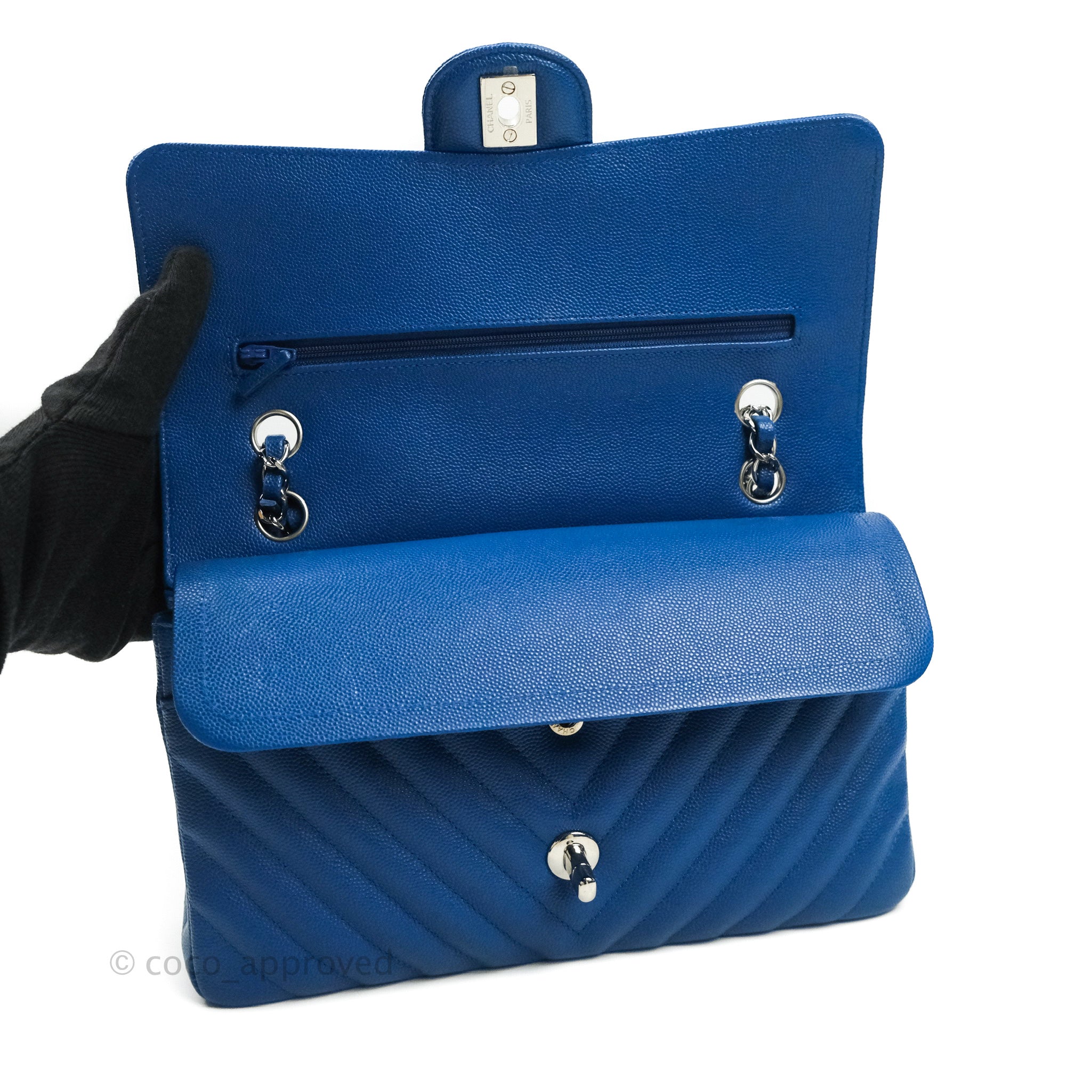 Chanel Classic Chevron M/L Medium Double Flap Bag in Blue Caviar Leather with Silver Hardware - Perfect for Work, Evening Events & Luxury Fashion Accessories