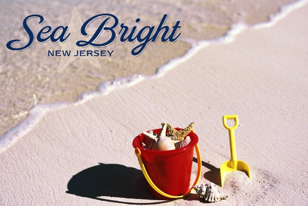 Sea Bright New Jersey Beach Bucket and Shovel Travel Poster - 36x54 Giclee Gallery Print, Coastal Wall Art Decor for Living Room, Bedroom, Office | Beach Vacation Theme Home Decor
