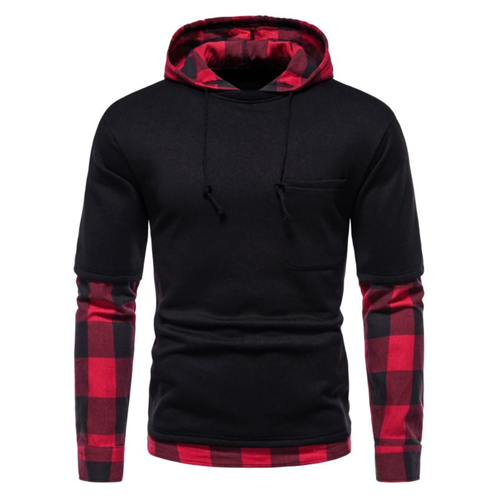 Men's Red and Black Plaid Pullover Hoodie - Long Sleeve Casual Sweatshirt with Drawstring | Perfect for Streetwear, Winter Layering & Outdoor Activities