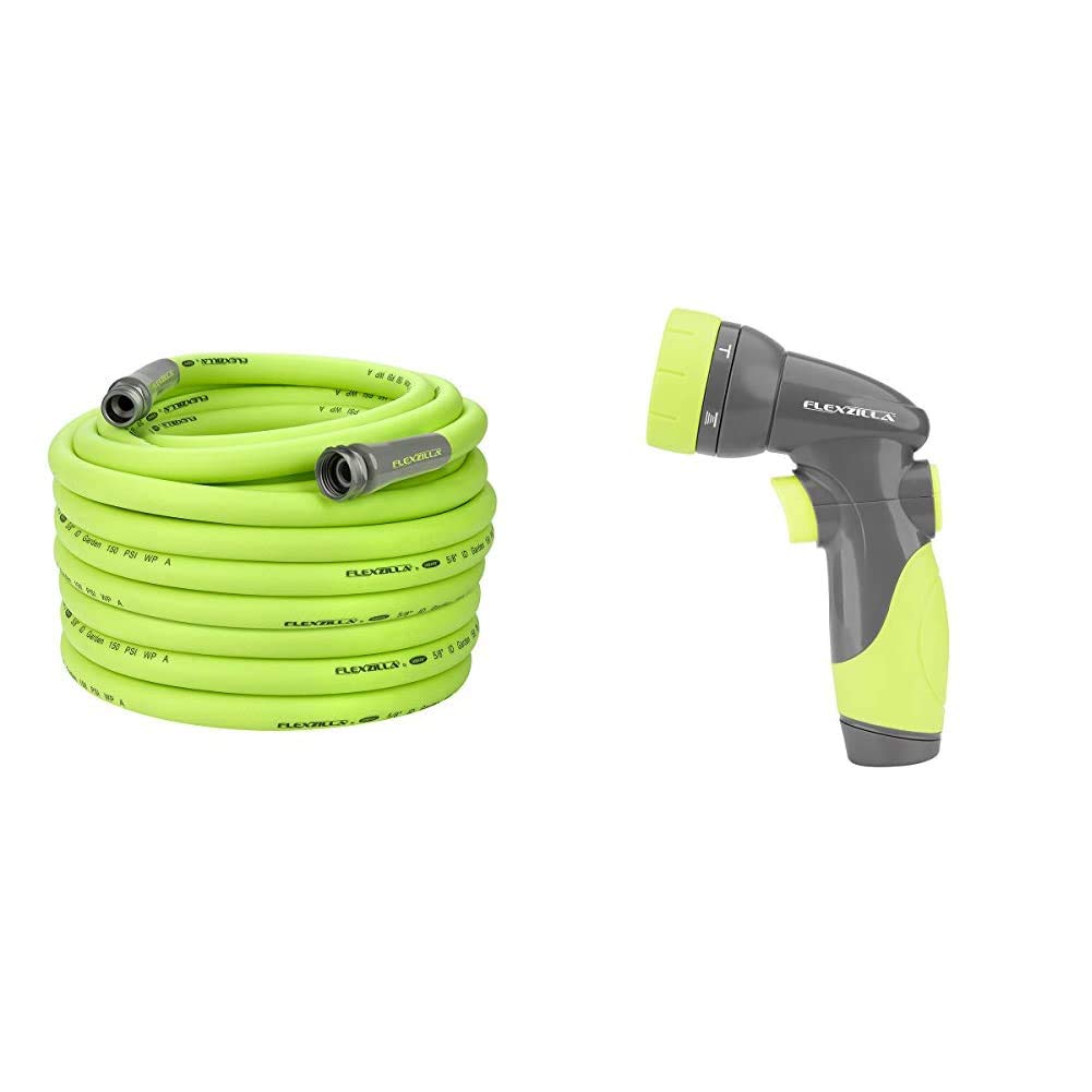 Flexzilla 5/8 in. x 100 ft Heavy Duty Garden Hose with 6-Pattern Adjustable Nozzle - Lightweight, Kink-Free, Durable Water Hose for Lawn Care, Car Washing & Outdoor Cleaning