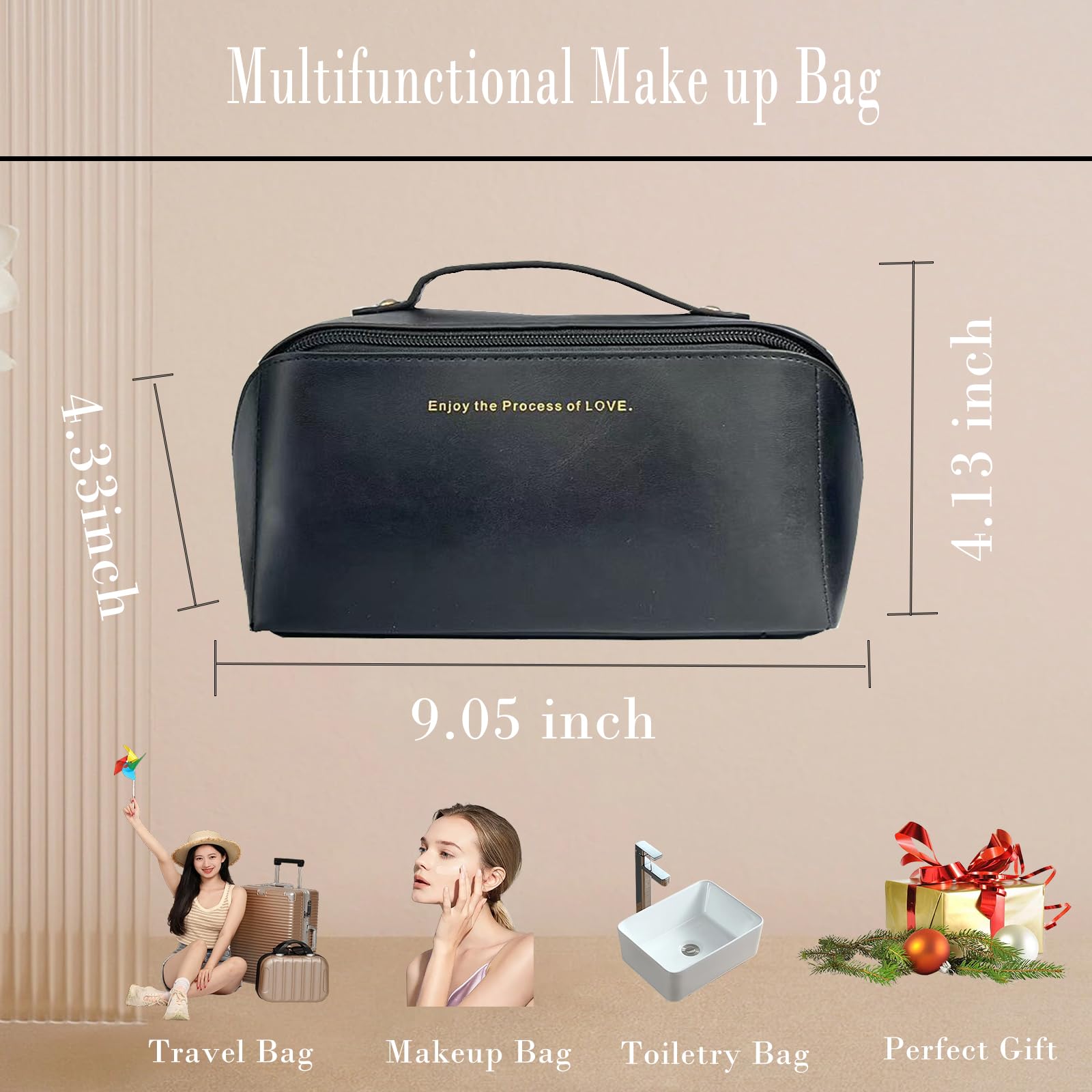 Waterproof Travel Makeup Bag for Women - Large PU Cosmetic Organizer for Travel & Daily Use
