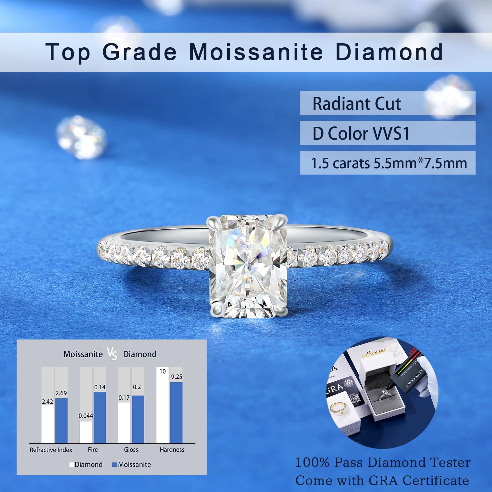 Radiant Cut Moissanite Engagement Rings for Women - 1.5-2 Carat Halo Wedding Band in 18K Gold Plated Sterling Silver - Perfect for Proposals, Anniversaries & Bridal Jewelry