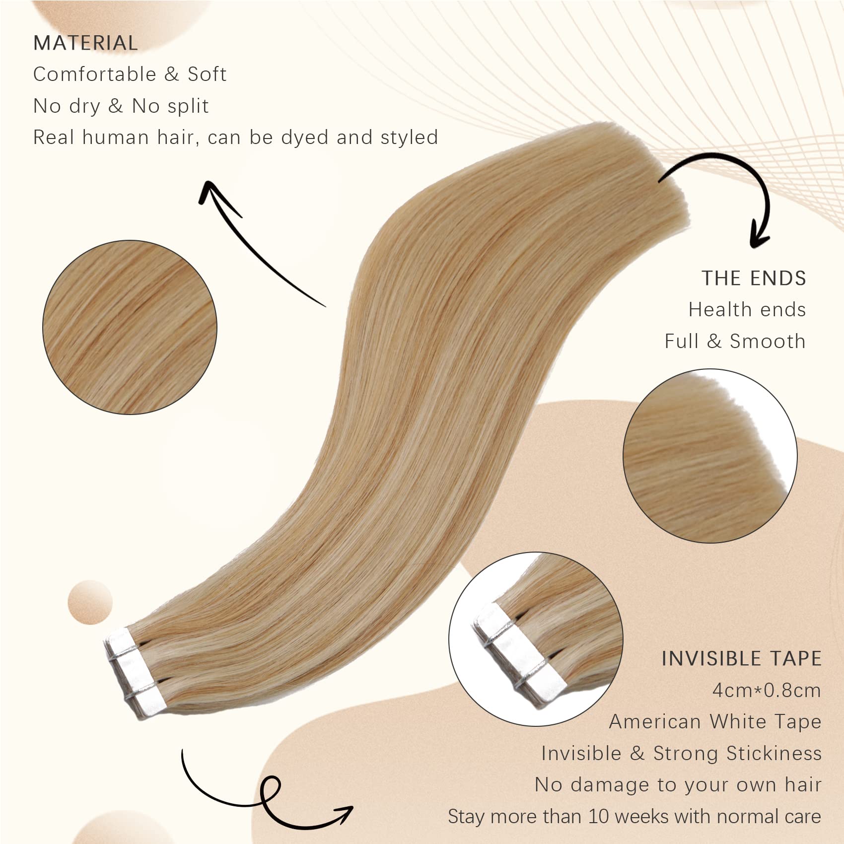 20Pcs 20In 50g Tape-In Human Hair Extensions - Honey Brown Mixed Bleach Blonde 100% Natural Silky Straight Hair for Women | Perfect for Volume Boost, Styling & Everyday Fashion Looks