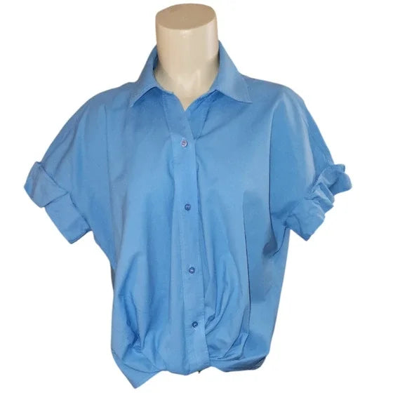 Women's Stylish Poplin Short Sleeve Button-Up Shirt with Front Twist Detail - Sky Blue | Casual Summer Top for Office, Date Night & Outdoor Activities