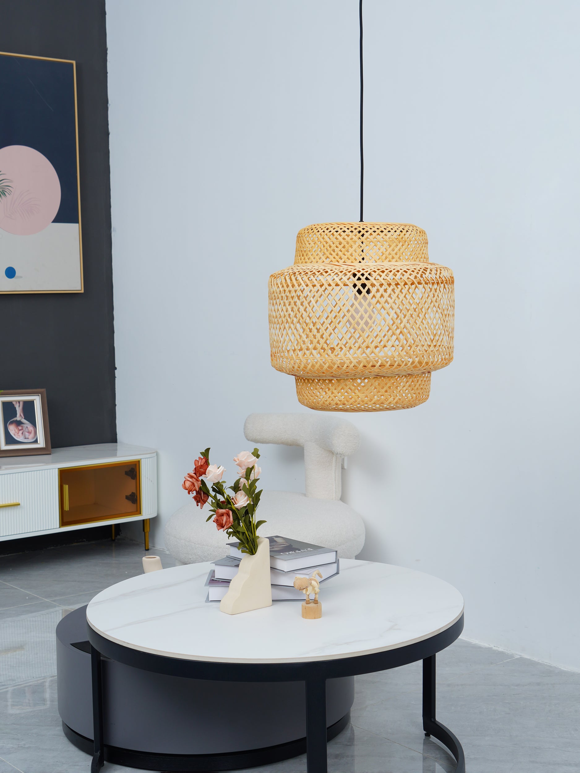 Modern Bamboo Pendant Light Fixture - Handwoven Natural Rattan Hanging Lamp for Kitchen Island, Dining Room & Bedroom Decor - Eco-Friendly Lighting Solution